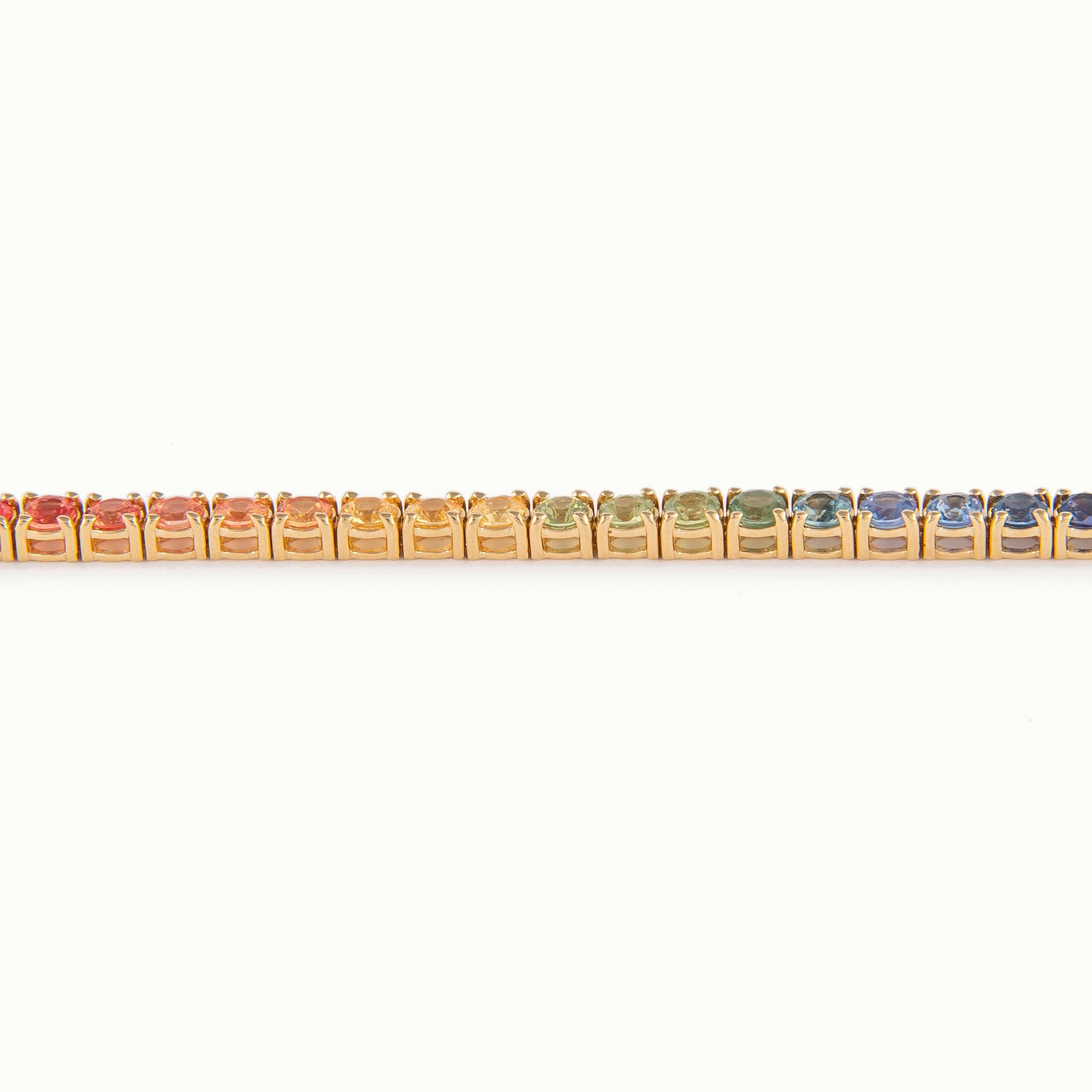 Modern Alexander 5.65 Carat Rainbow Sapphire Tennis Bracelet 18 Karat Yellow Gold