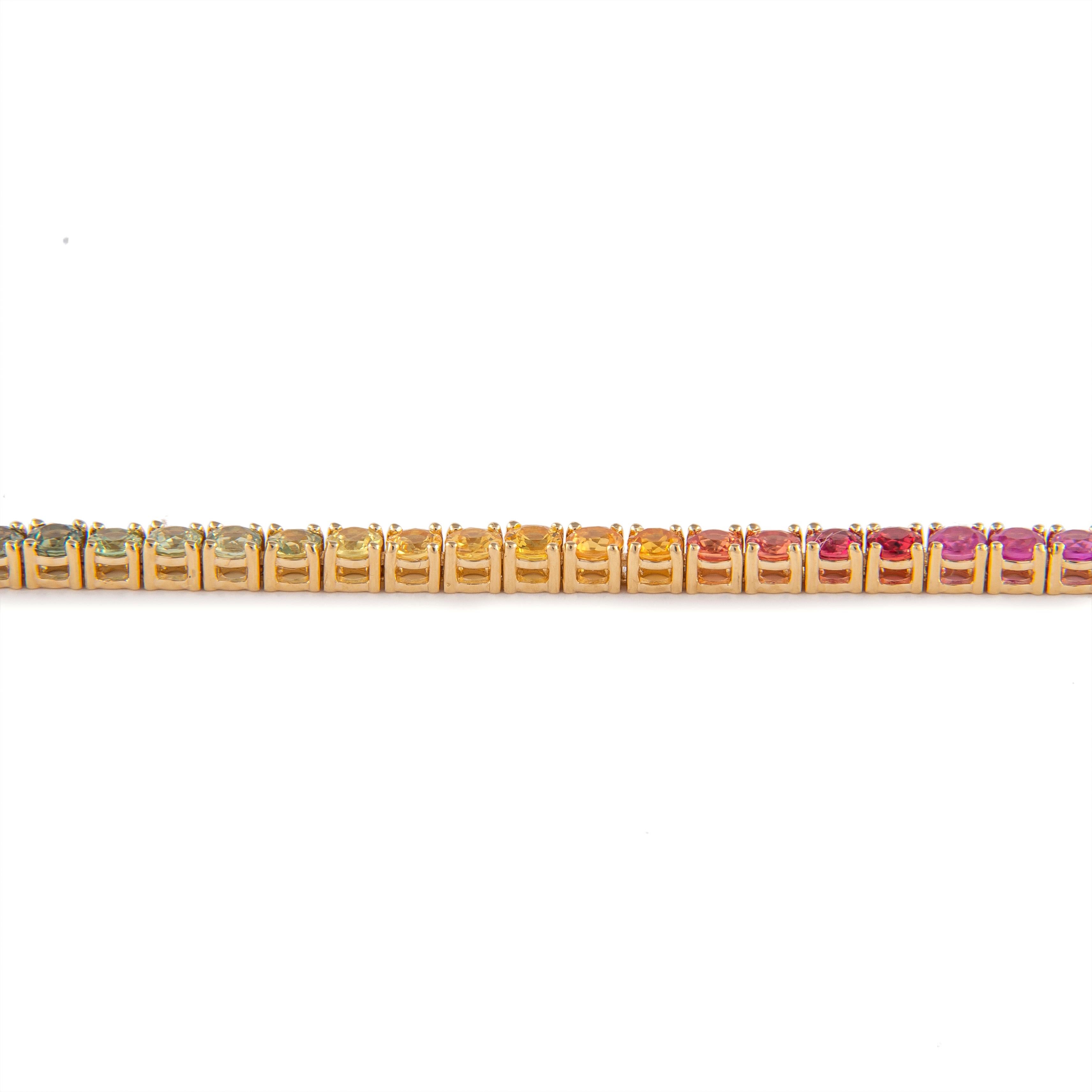 Modern Alexander 6.20 Carat Rainbow Sapphire Tennis Bracelet 18 Karat Yellow Gold