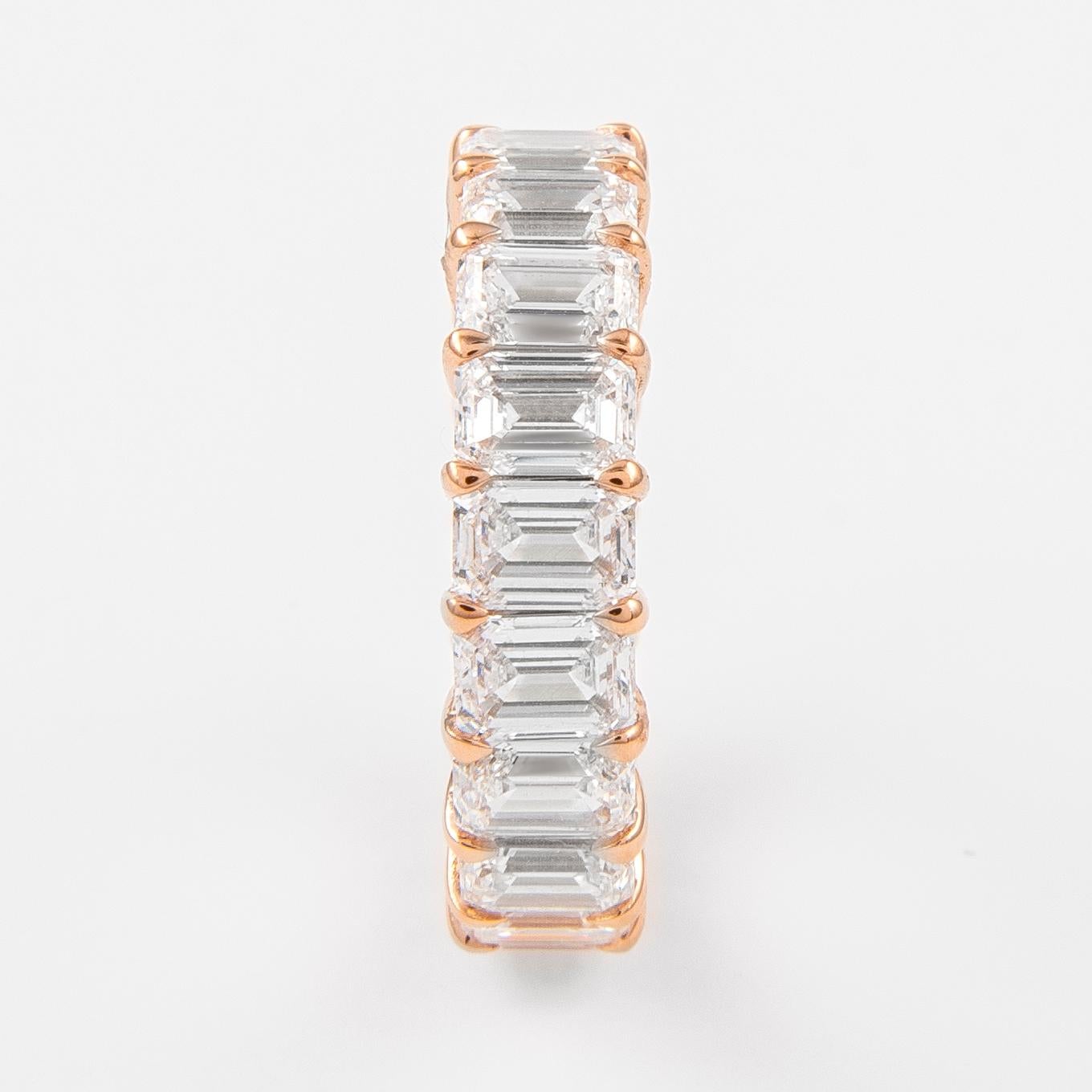 Stunning emerald cut diamond eternity band, by Alexander Beverly Hills.
15 emerald cut diamonds, 8.08 carats total. I/J color and VS clarity. Set in 18k rose gold, 4.39 grams, size 6.5. 
Accommodated with an up to date appraisal by a GIA G.G. upon