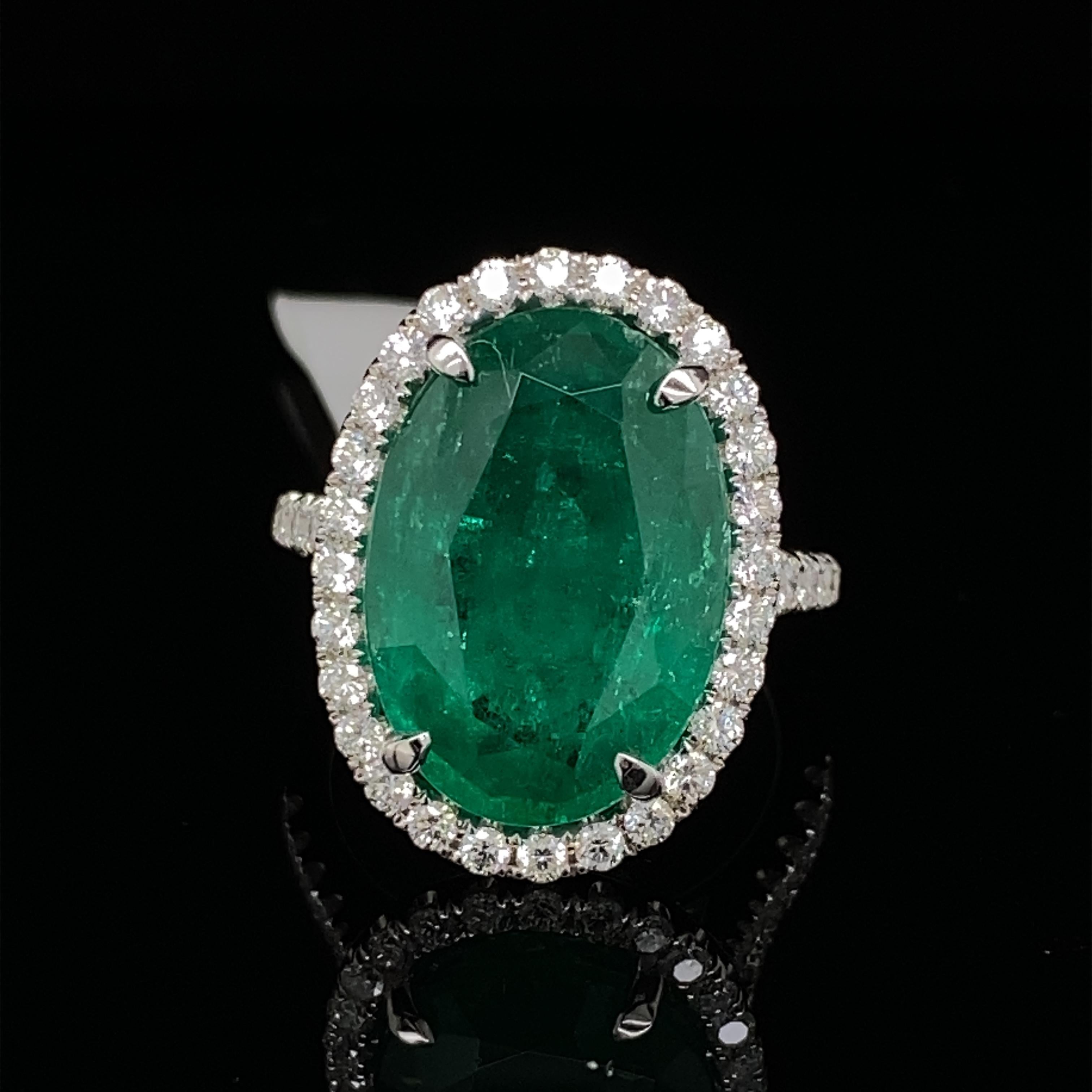 Women's Alexander 8.76ct Carat Oval Emerald with Diamond Halo Ring 18k White Gold