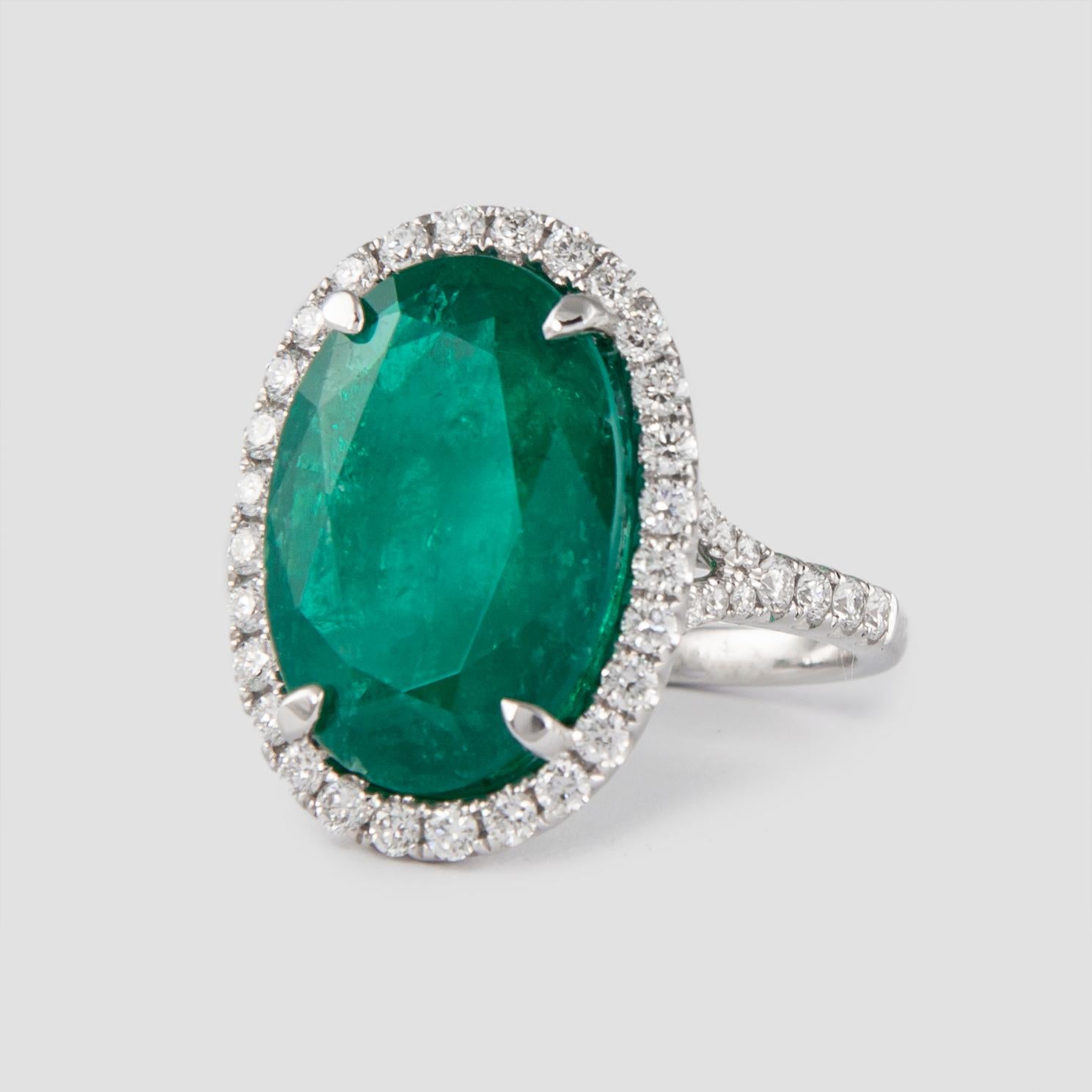 Contemporary Alexander 8.76ct Carat Oval Emerald with Diamond Halo Ring 18k White Gold