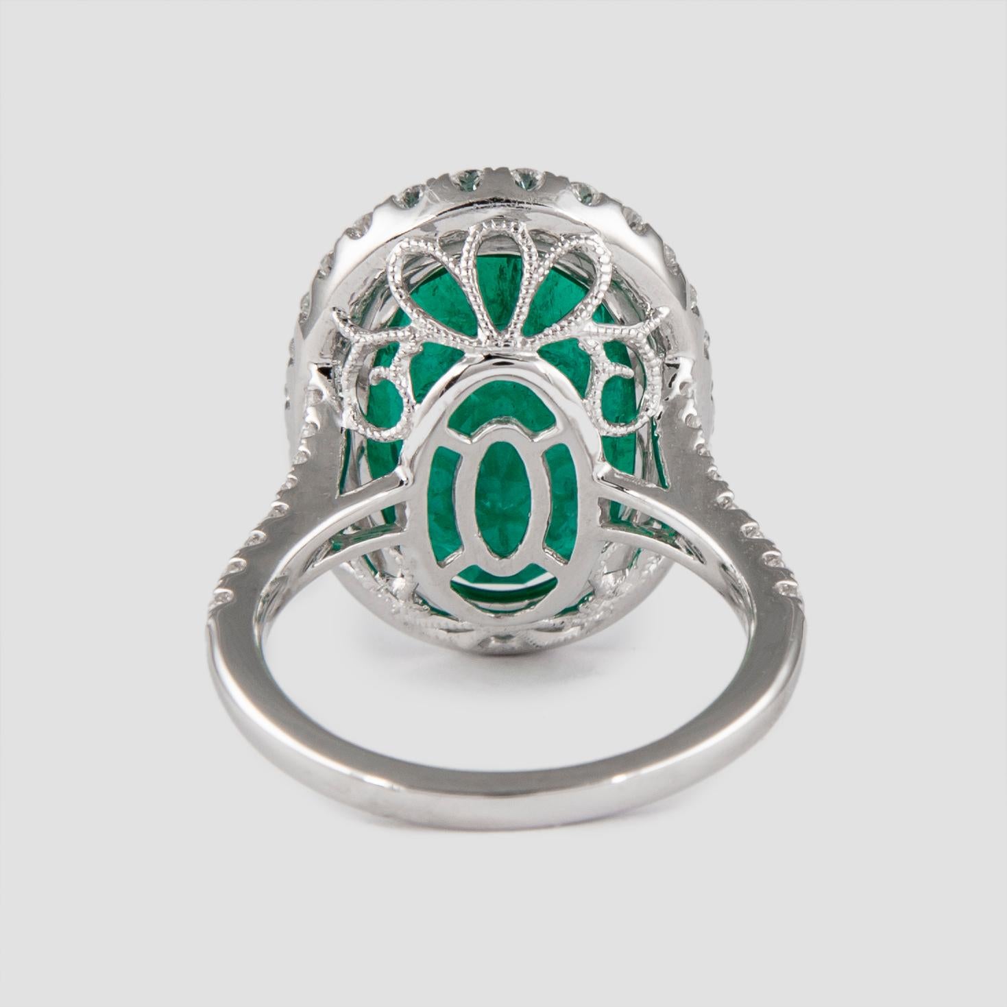 Alexander 8.76ct Carat Oval Emerald with Diamond Halo Ring 18k White Gold In New Condition In BEVERLY HILLS, CA