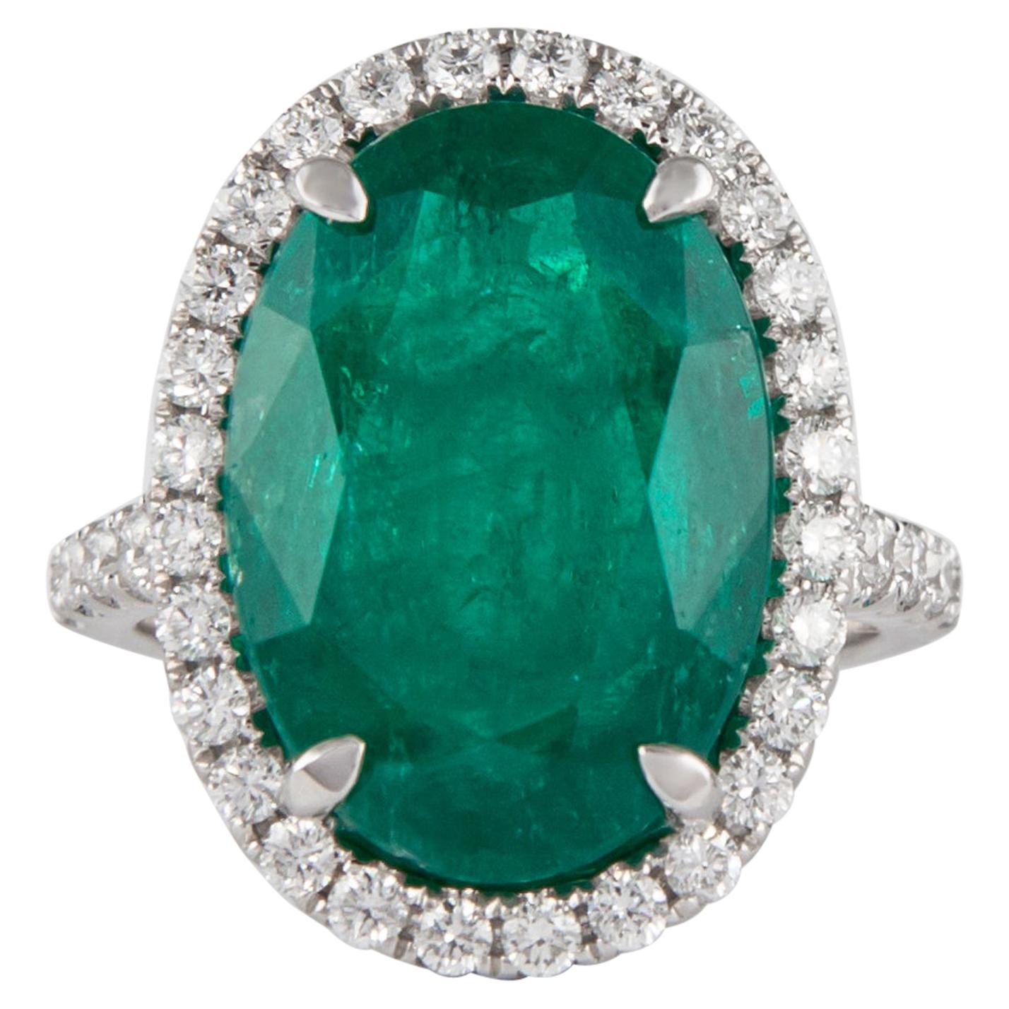 Alexander 8.76ct Carat Oval Emerald with Diamond Halo Ring 18k White Gold