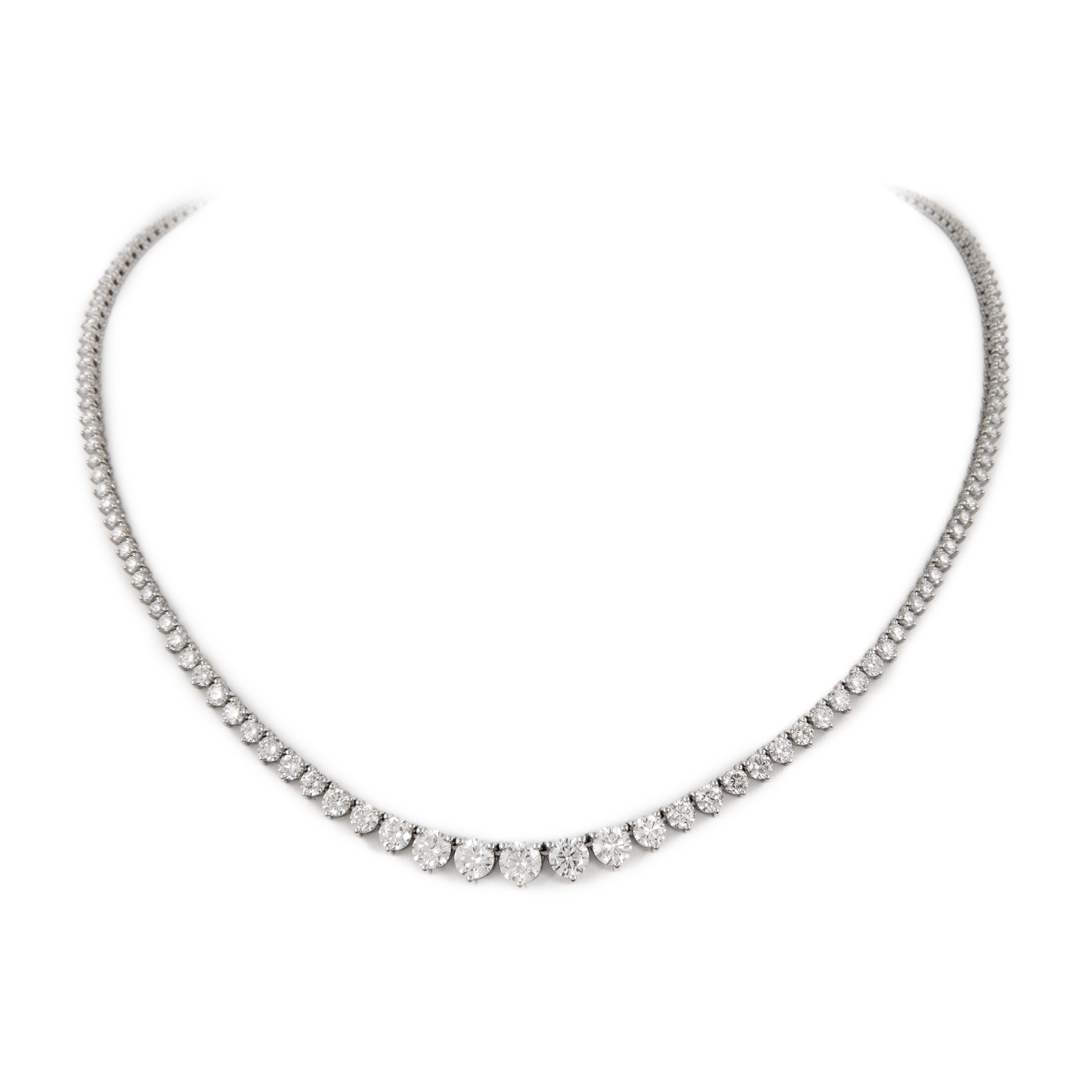Contemporary Alexander 9.26 Carat Diamond Three-Prong Tennis Riviera Necklace 18k White Gold For Sale