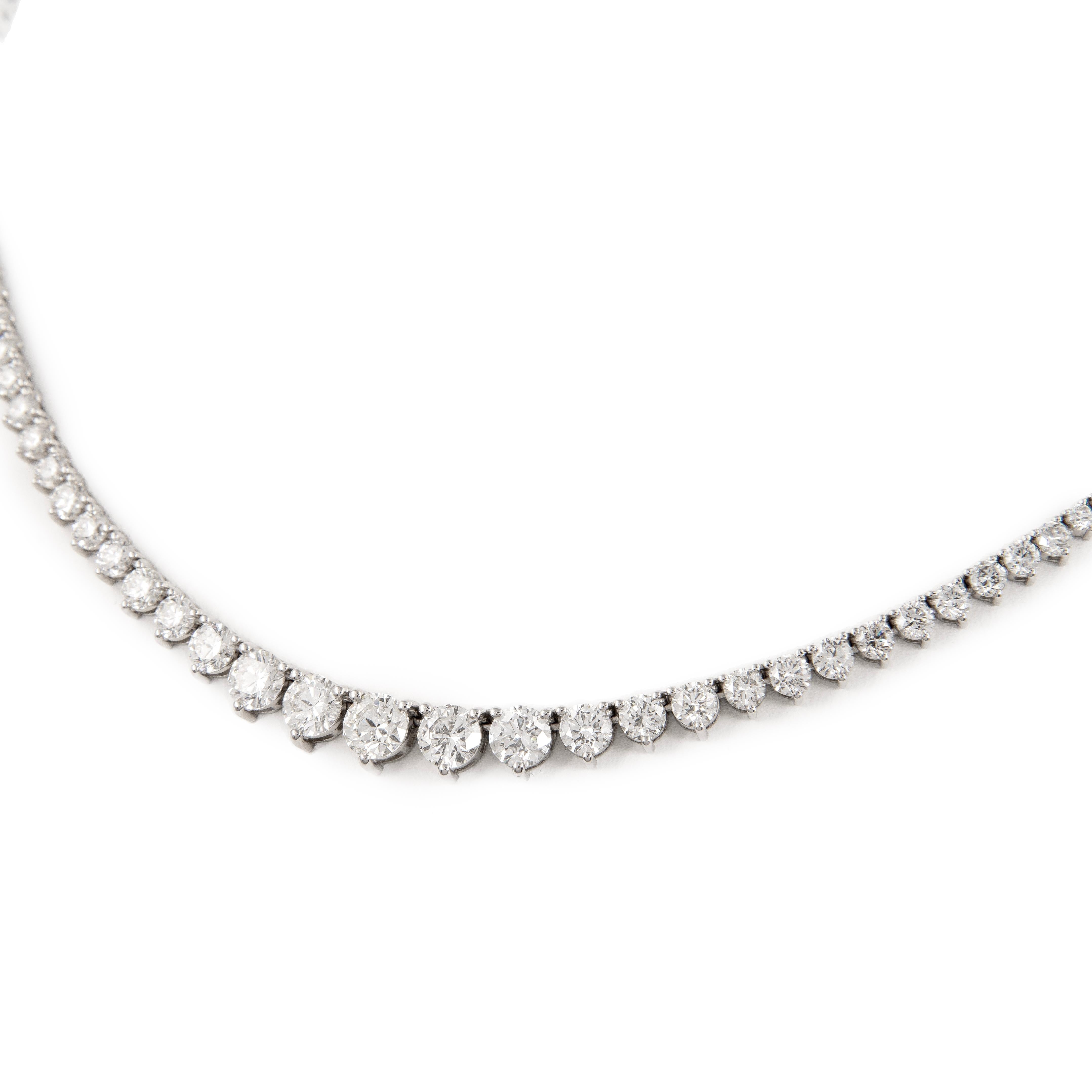 Round Cut Alexander 9.26 Carat Diamond Three-Prong Tennis Riviera Necklace 18k White Gold For Sale