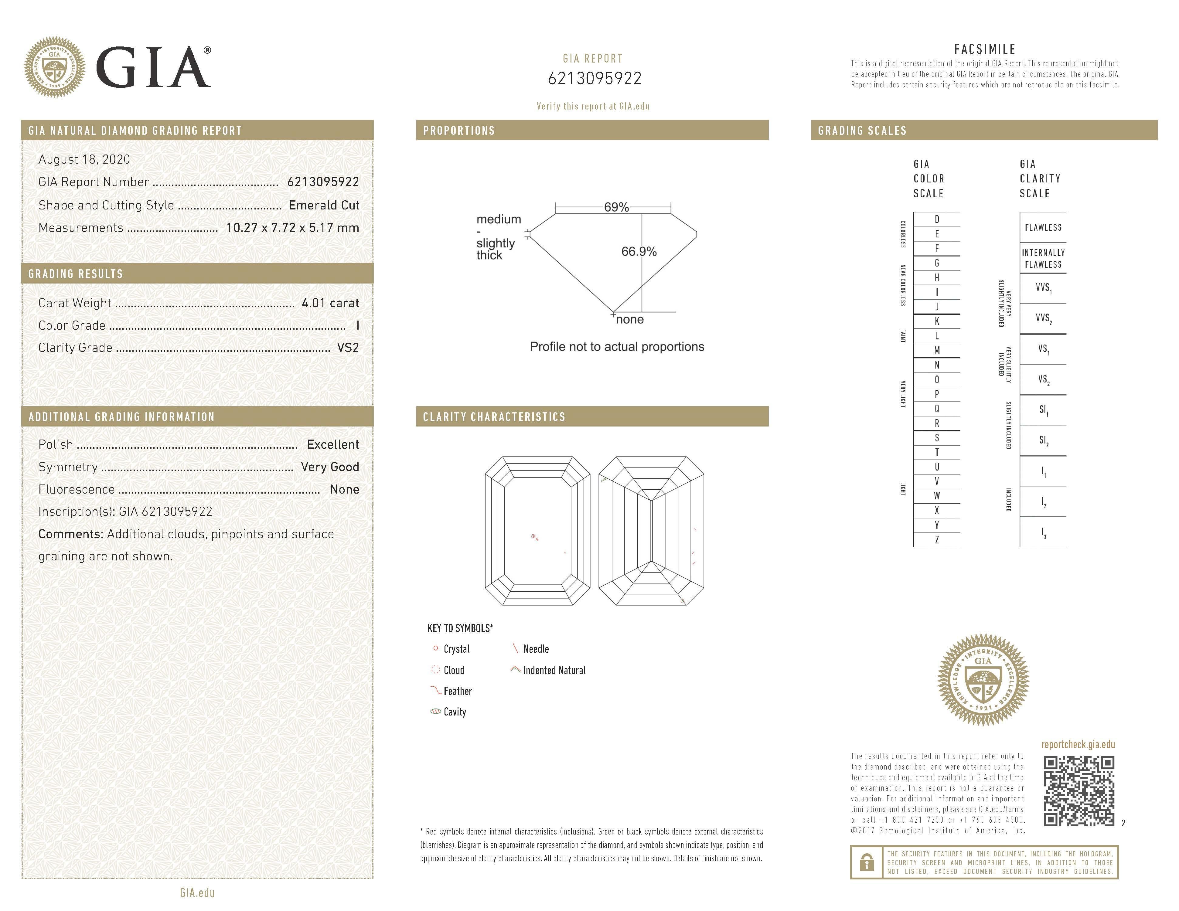 Stunning and classic three-stone diamond ring, each stone with a GIA certificate.
High jewelry by Alexander Beverly Hills
6.01ct total diamond weight.
Center stone, 4.01ct emerald cut diamond. I color grade, VS2 clarity grade, GIA certified. Side