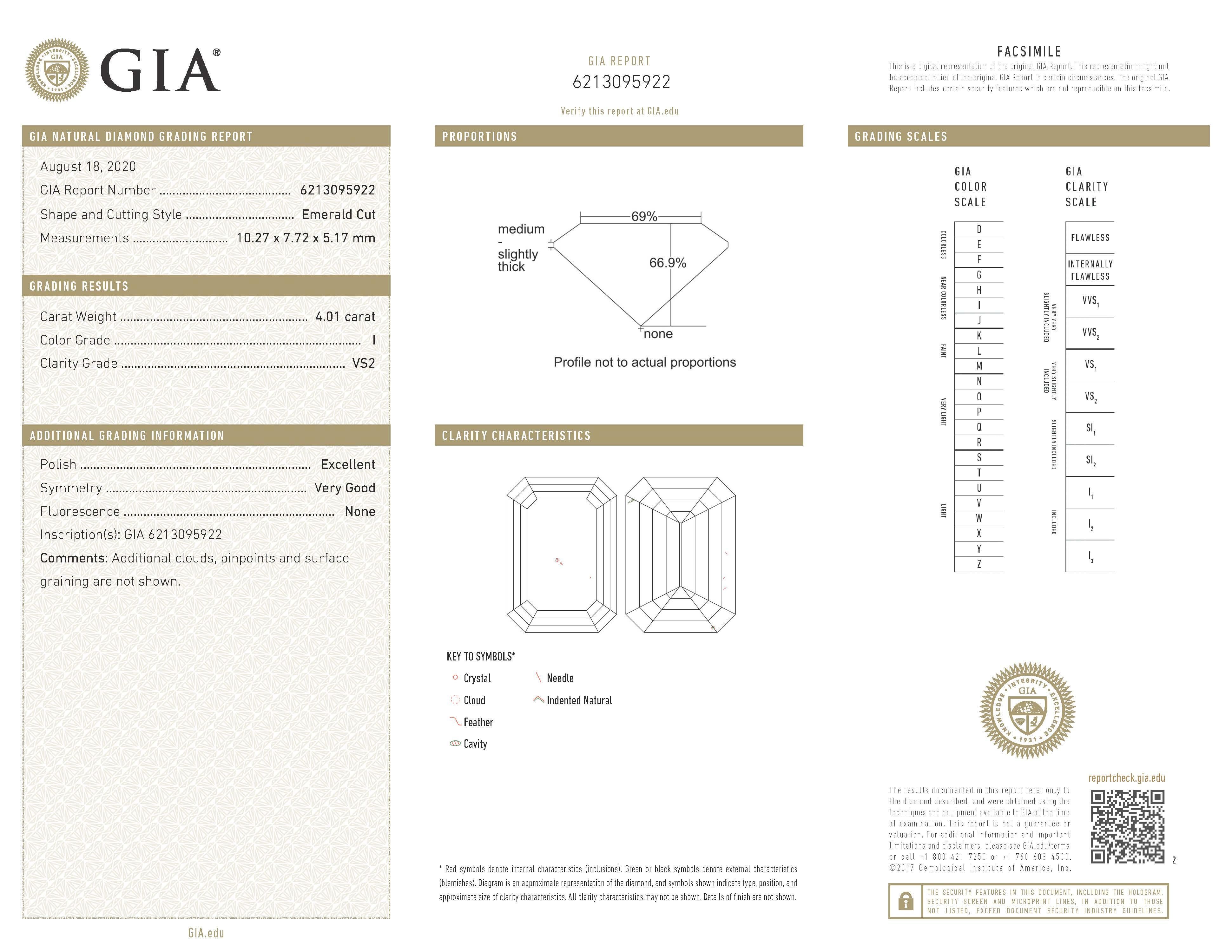 Stunning and classic three-stone diamond ring, each stone with a GIA certificate.
High jewelry by Alexander Beverly Hills
Center stone, 4.01ct emerald cut diamond. I color grade, VS2 clarity grade, GIA certified. Side stones, 2 emerald cut diamonds