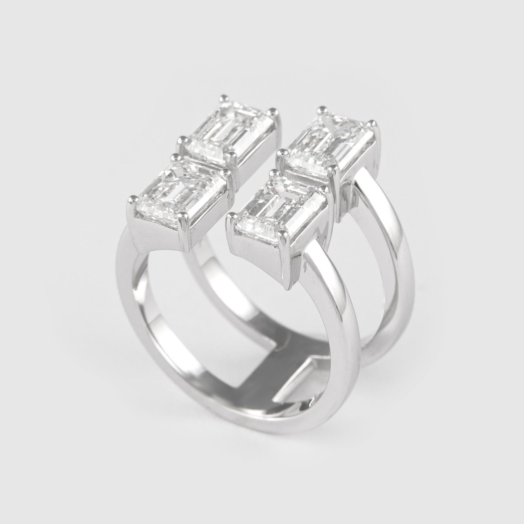 Women's Alexander All GIA Certified 4.02 Carat Floating Emerald Cut Diamonds Ring 18k For Sale