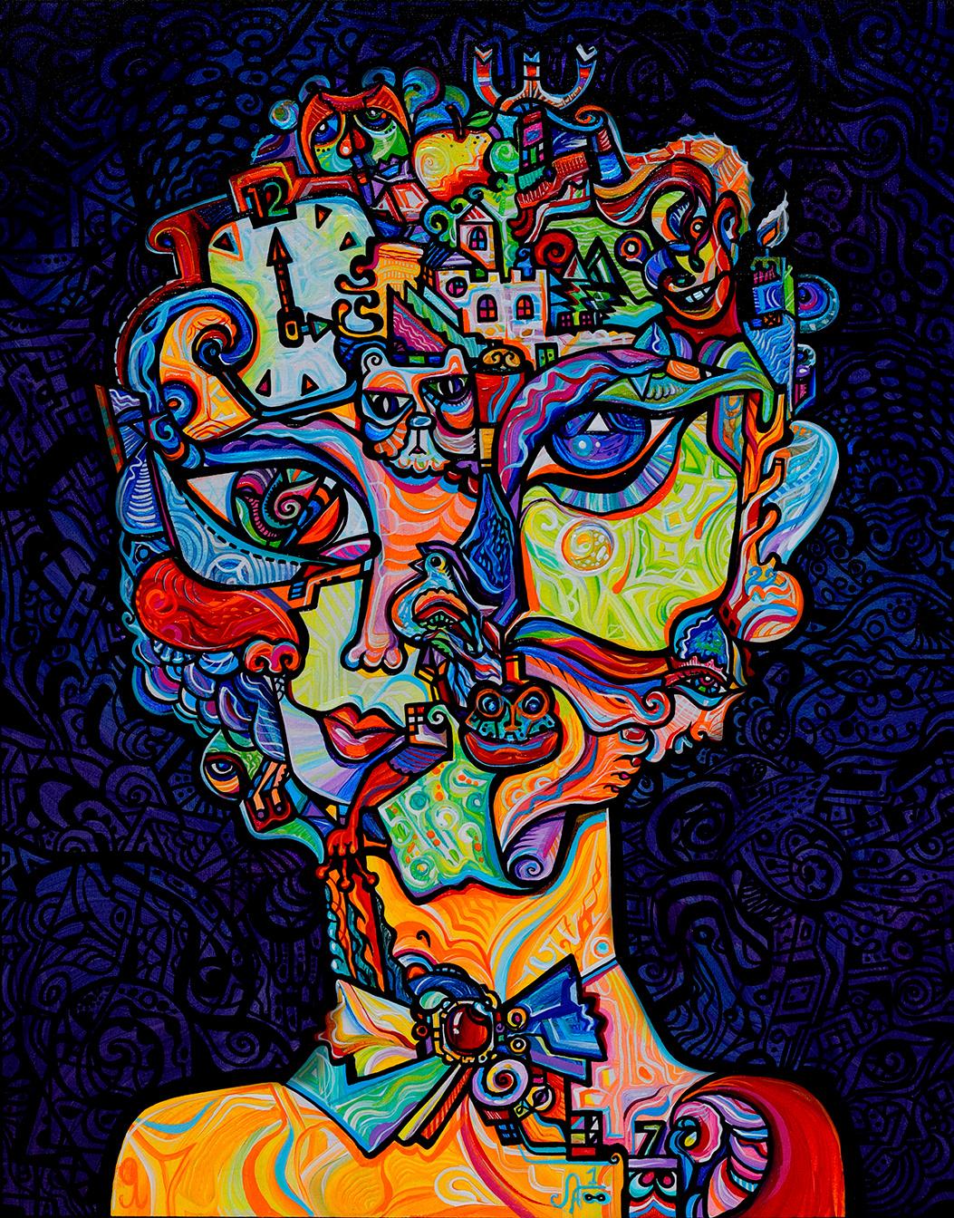 Alexander Arshansky Portrait Painting - Biomorphic Cubist Painting Titled, "Abducting Reality"