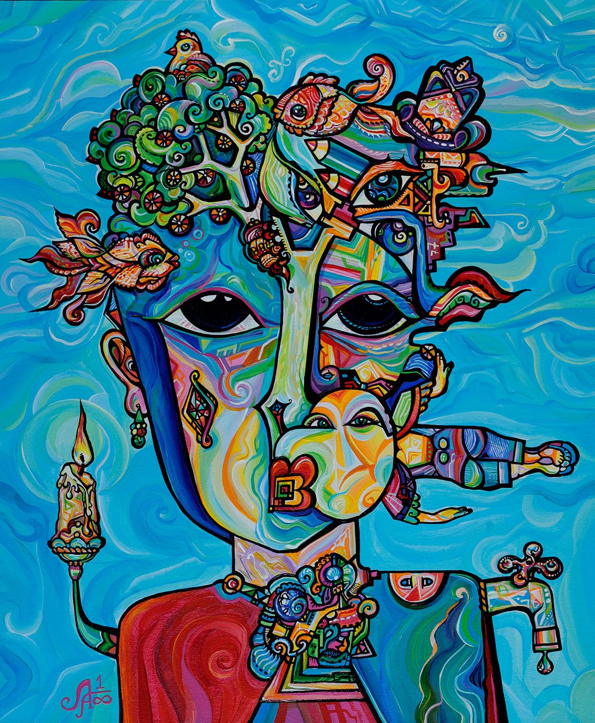 Biomorphic Cubist Painting Titled, "Aquarian"