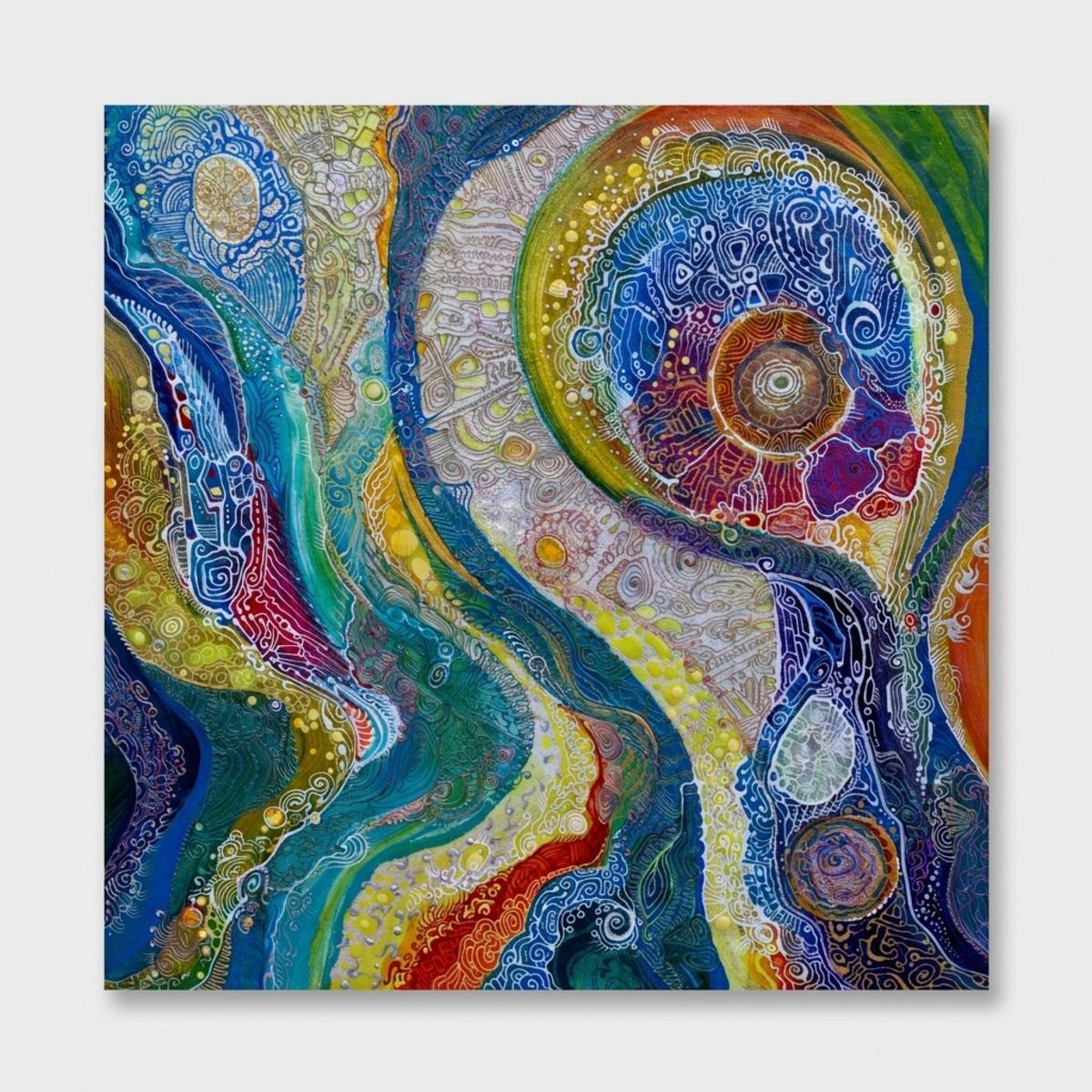 Abstraktes Gemälde aus Acryl und Mischtechnik, "Pfau"