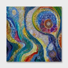 Peinture abstraite à l'acrylique et techniques mixtes, "Paon"