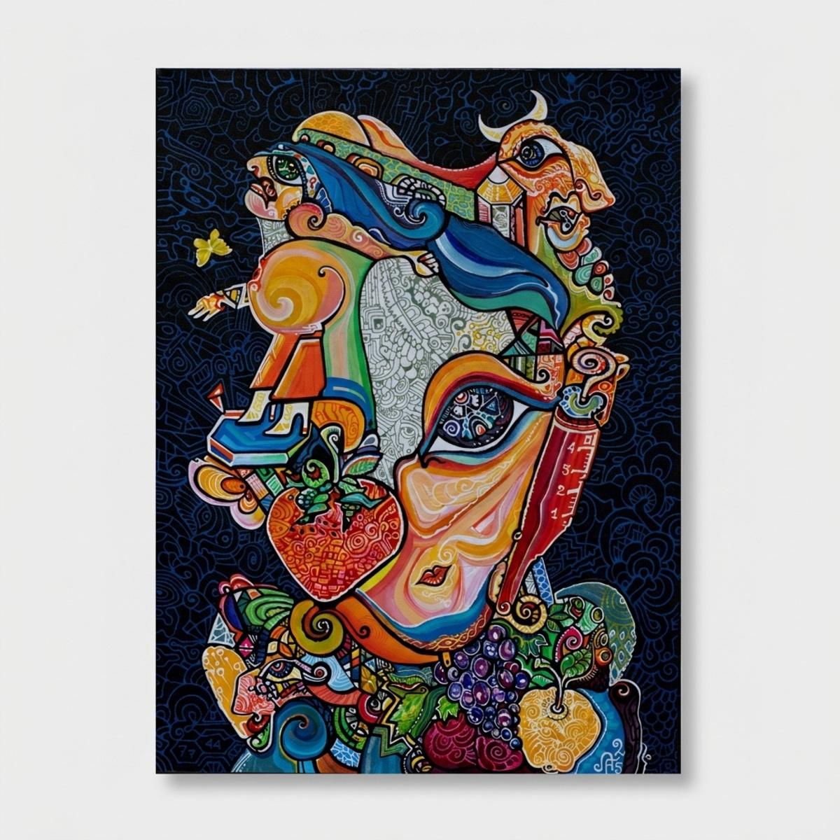 „Fighting Temptation“ – kubistisches Acrylgemälde, ungerahmt, 2025, 61 x 46 cm