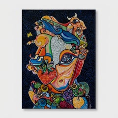 Peinture cubiste à l'acrylique, "Lutte contre la tentation".