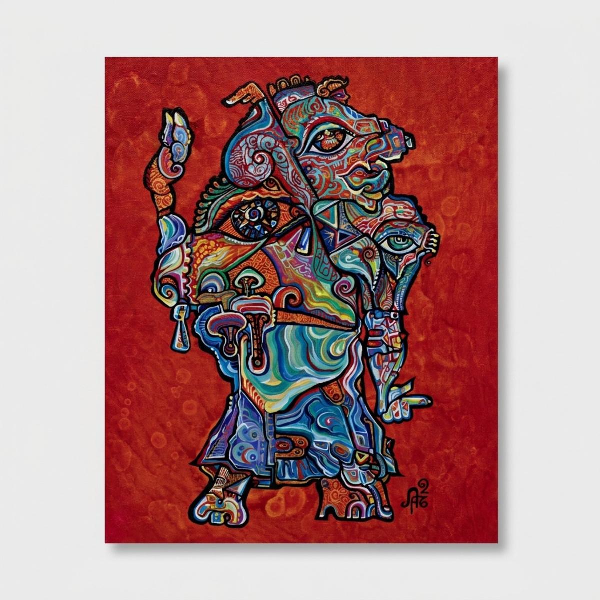 „Fire Horseman“ – kubistisches Acrylgemälde, ungerahmt, 50,8 x 40,6 cm, 2026