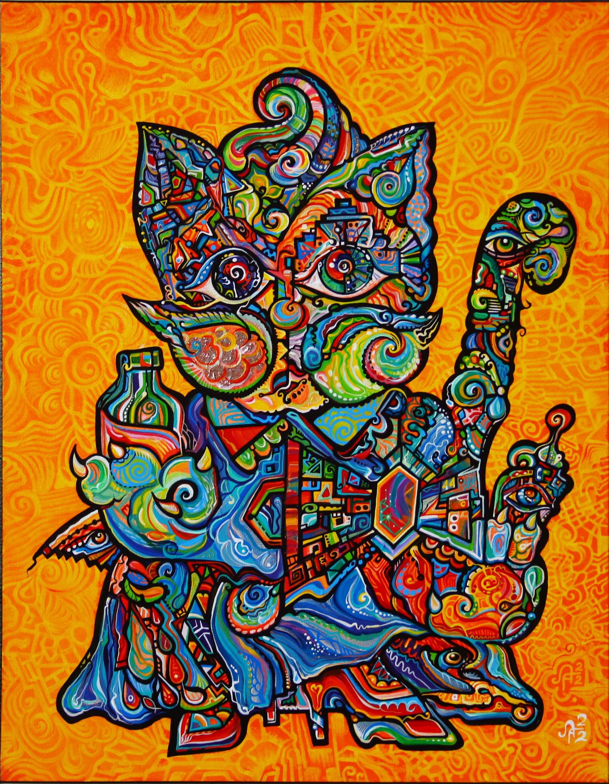 Peinture cubiste biomorphique, "Gatoro Gato de Oro"