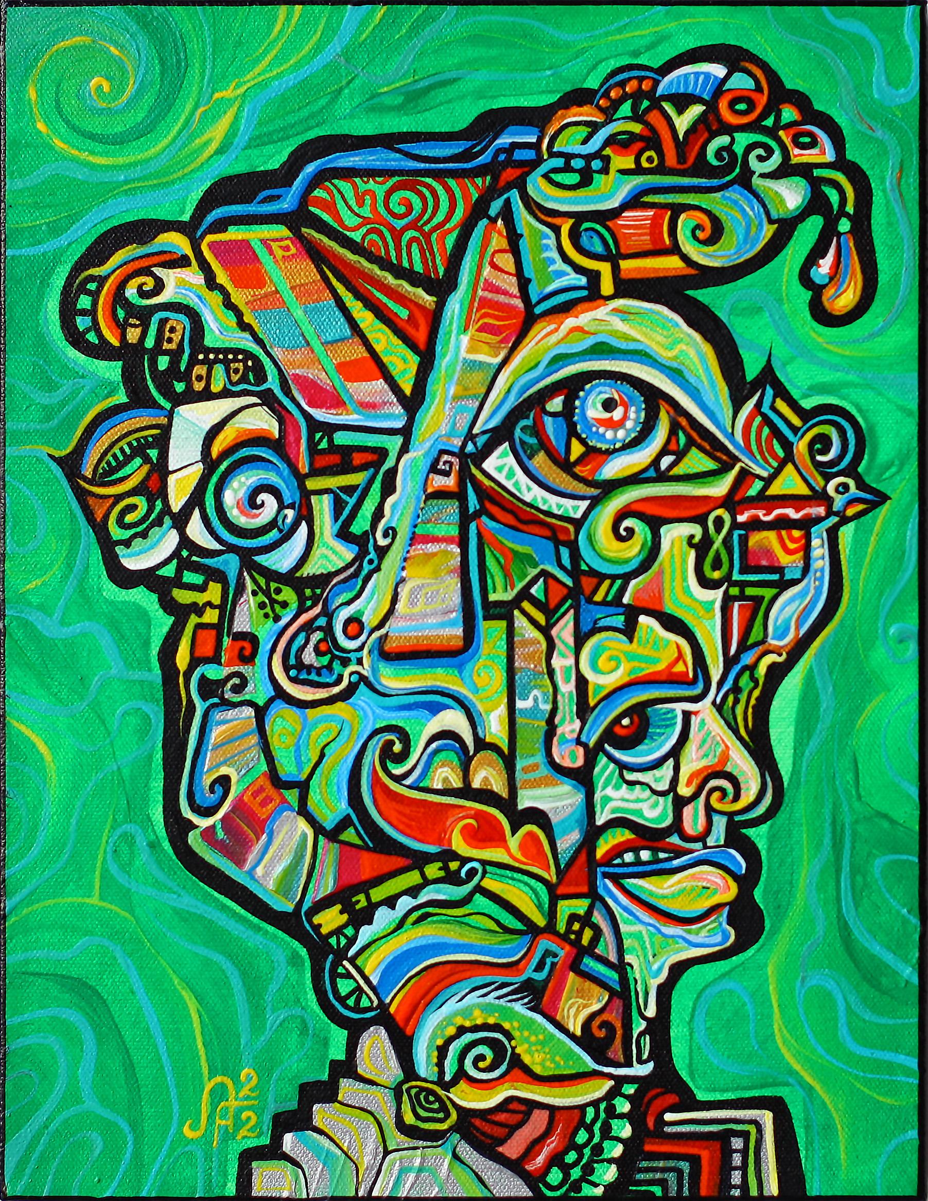 Peinture cubiste biomorphique d'un « homme vert »