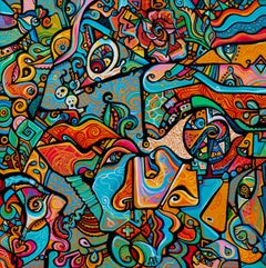 Zeitgenössisches farbenfrohes kubistisches abstraktes Gemälde, „Perfect Summer“