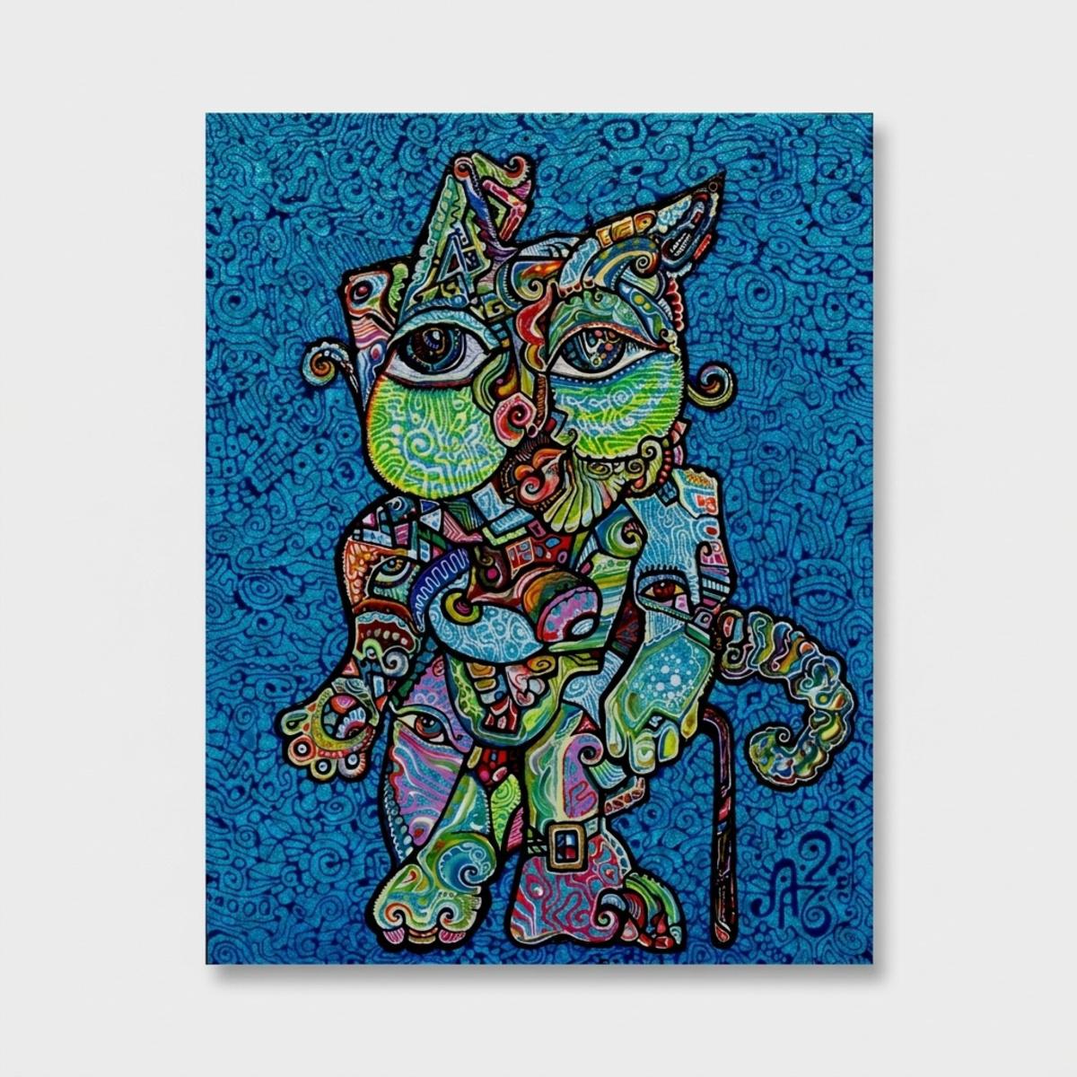 "Old and Wise" Cubist Painting, Acrylic on Canvas, Unframed