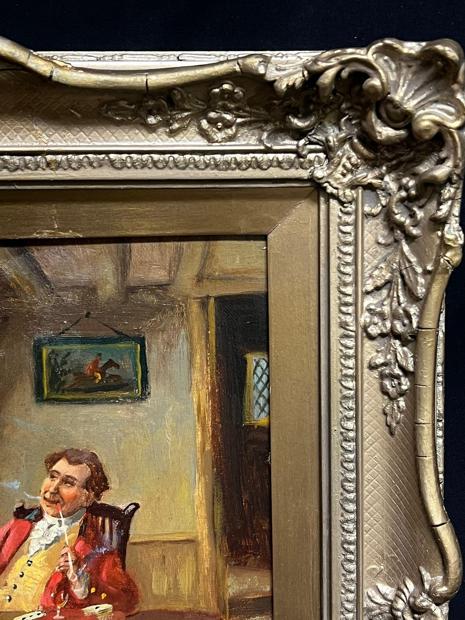 Juego de cartas en el salón Encantadora escena interior victoriana al óleo en venta 1