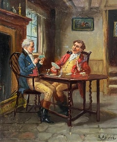 Card Game in the Parlour Charming Victorian Genre Interior Scene Oil Painting
