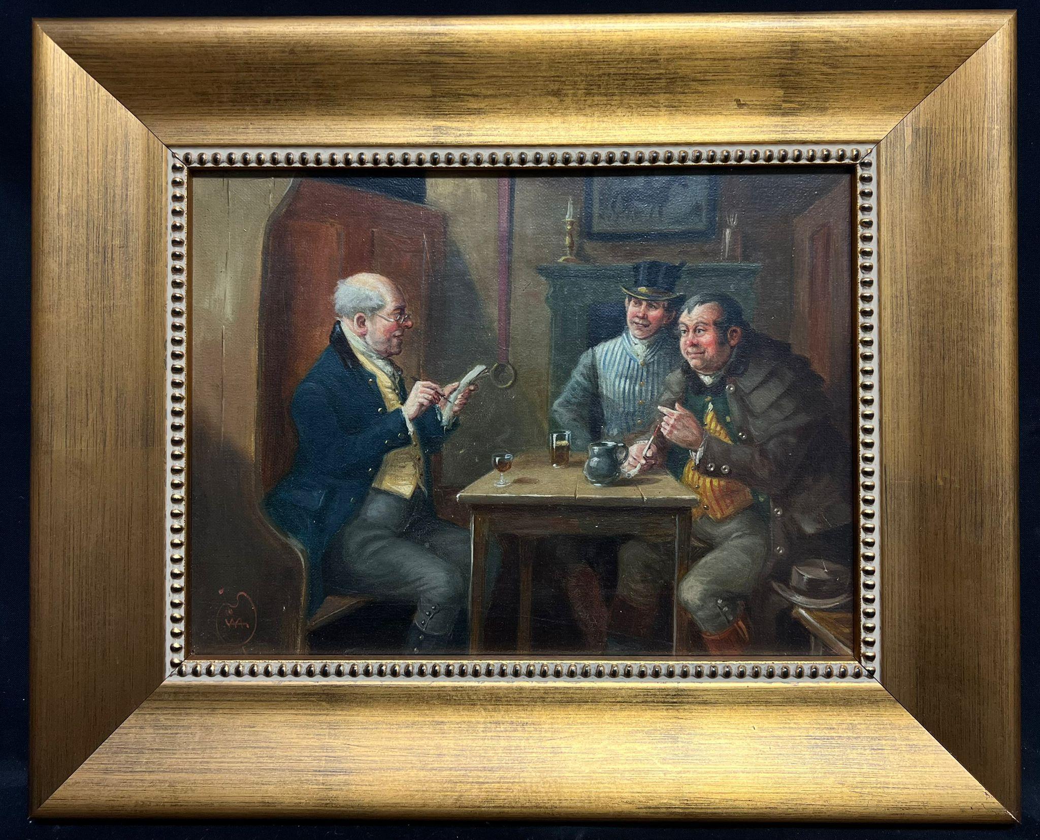 Scena di taverna vittoriana Tre gentiluomini che conversano bevendo un drink Pittura ad olio - Painting di ALEXANDER AUSTEN (1859-1924)
