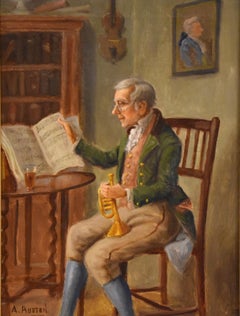 Antique Oil Painting by Alexander Austen "The Trumpet Player"
