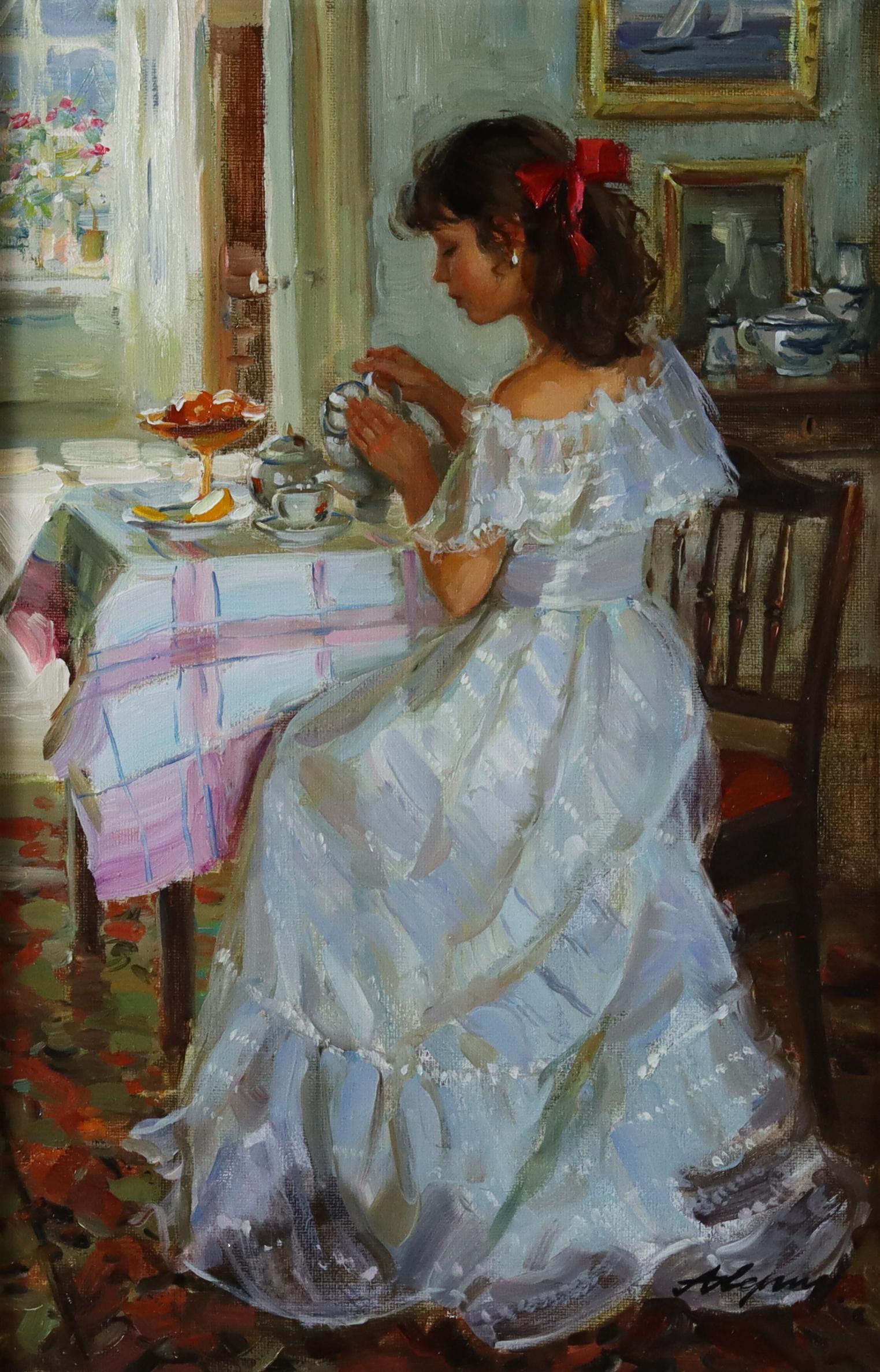 Elegant Lady Serving Tea - Painting by Alexander Averin