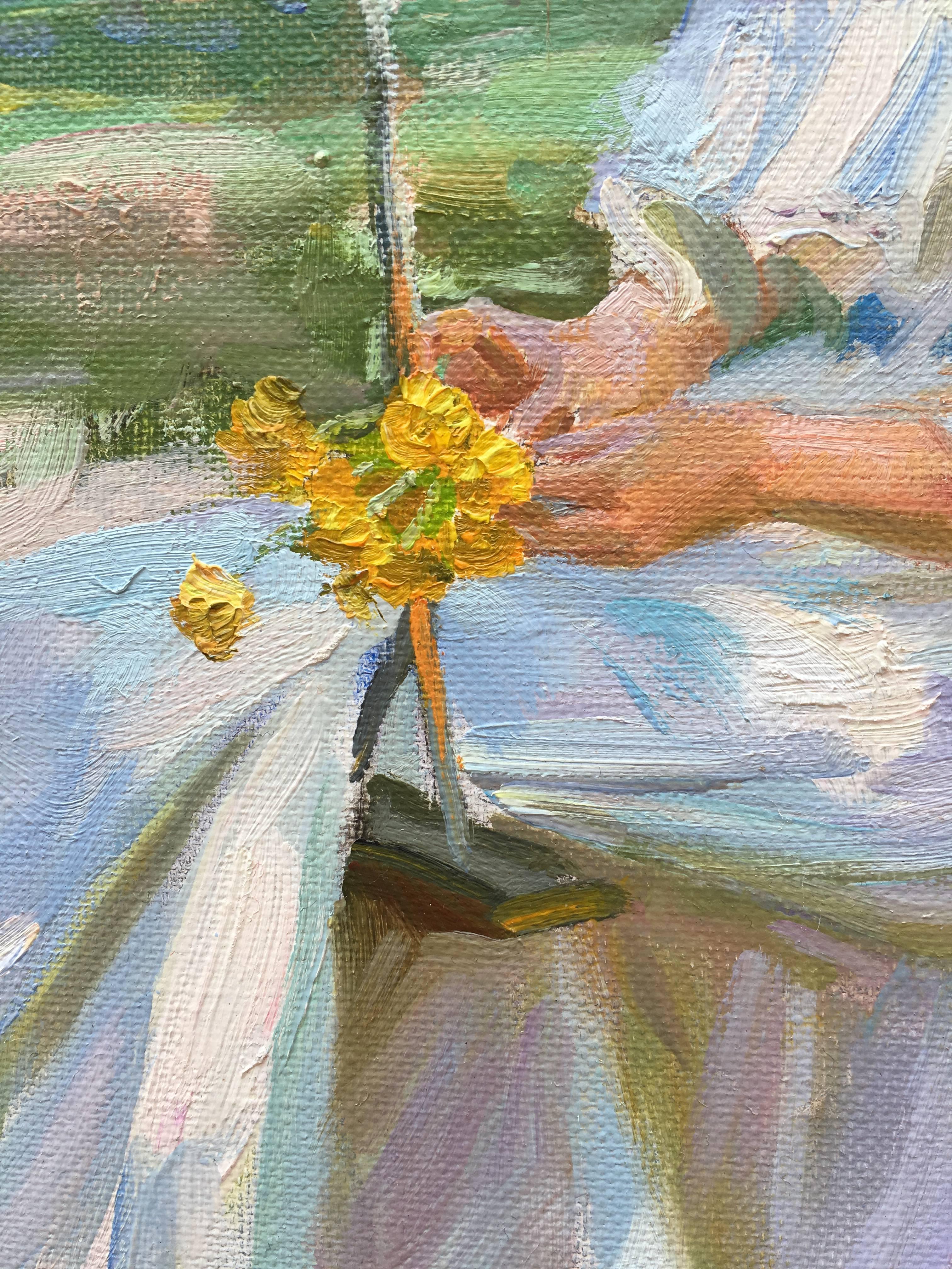 „Frühjahrstag“ Garten und Dame mit Blumen. Averin postimpressionistisches Öl auf Canva (Post-Impressionismus), Painting, von Alexander Averin