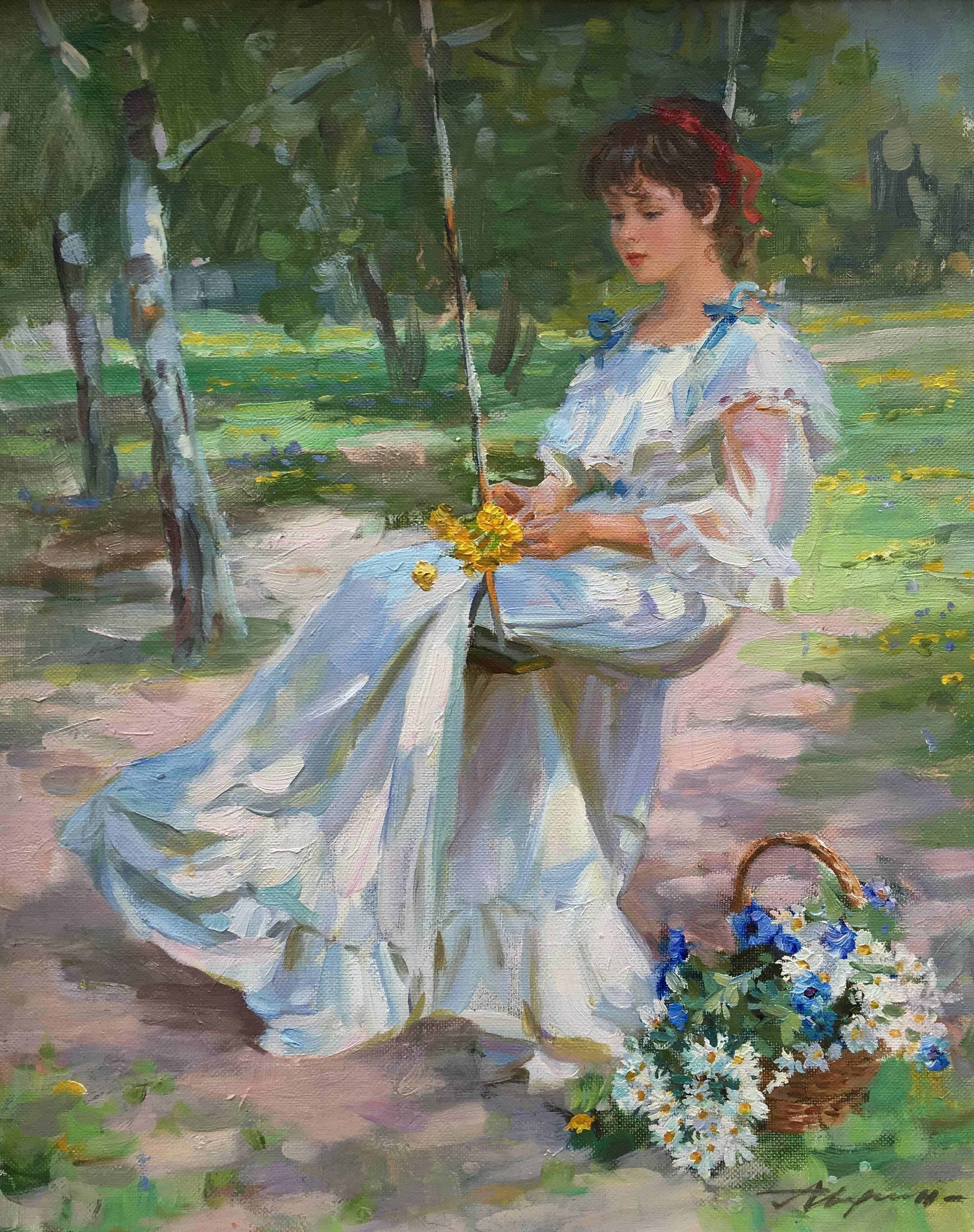 Alexander Averin Landscape Painting - "Spring day" garden and lady with flowers. Averin postimpressionist oil on canva