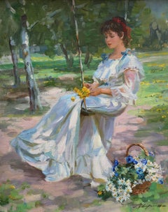 "Spring day" garden and lady with flowers. Averin postimpressionist oil on canva