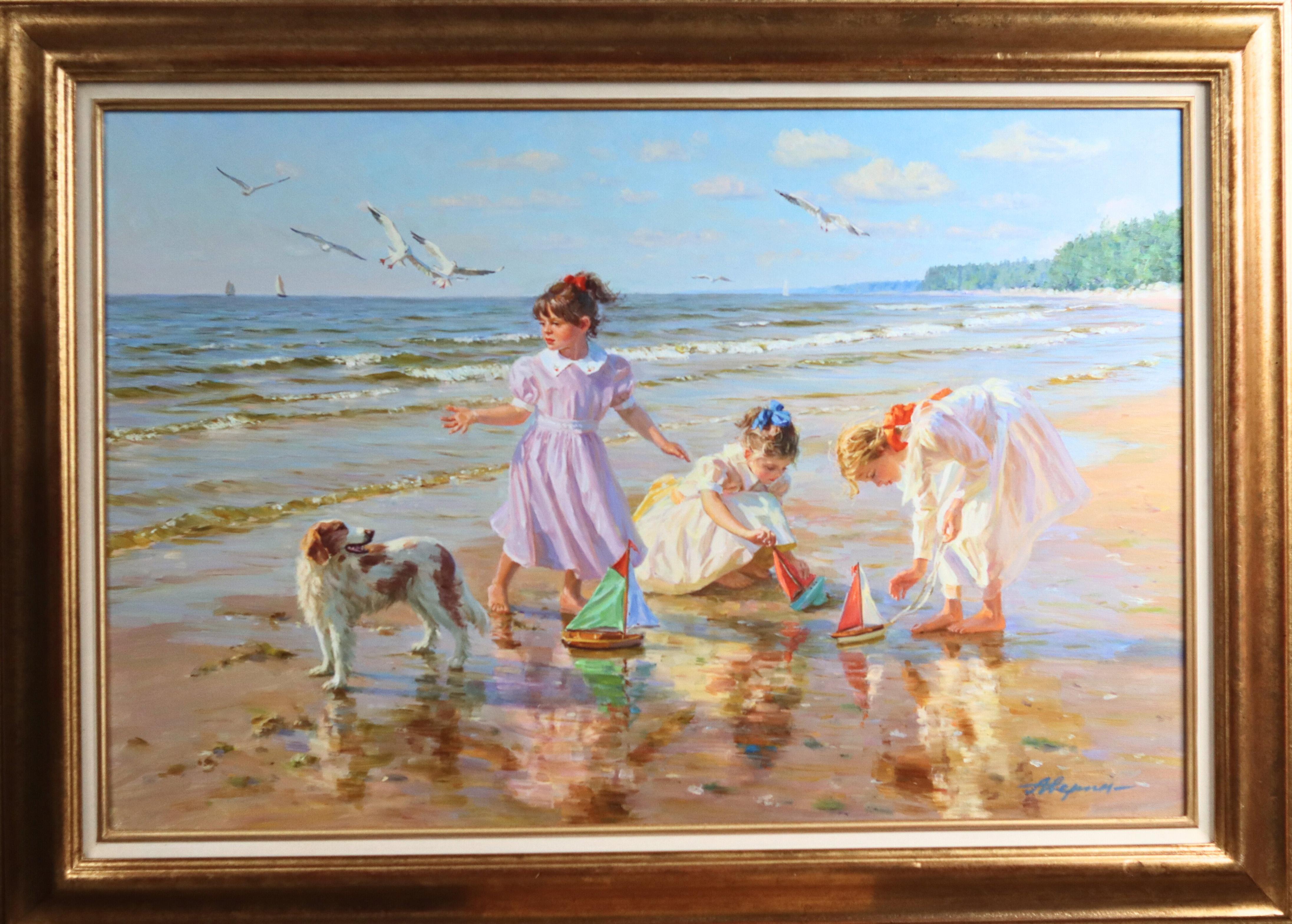 Three Young Girls and a Small Dog, Paddling with Toy Yachts in the Surf          - Painting by Alexander Averin