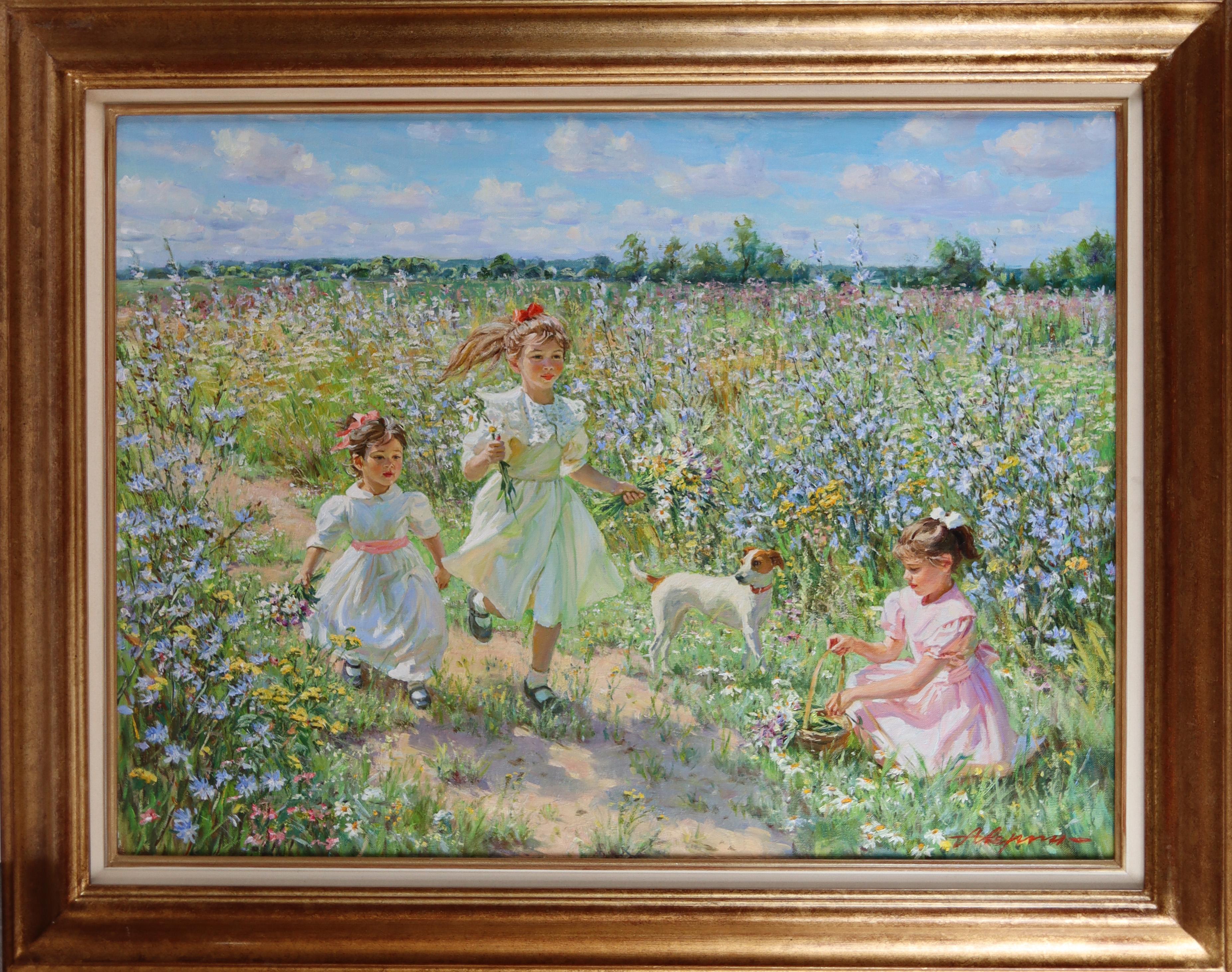 Young Girls Playing in a Wild Flower Meadow with a Jack Russell - Painting by Alexander Averin