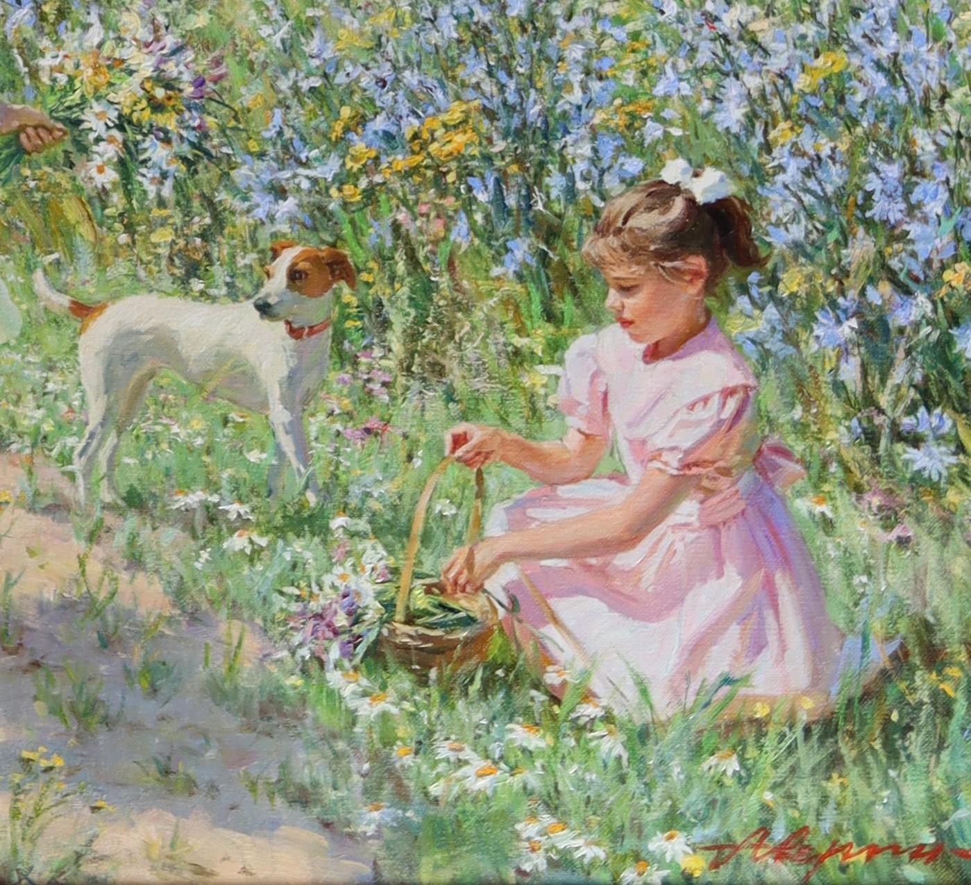 Jeunes filles jouant dans une moisson de fleurs sauvages avec un Jack Russell - Impressionnisme Painting par Alexander Averin