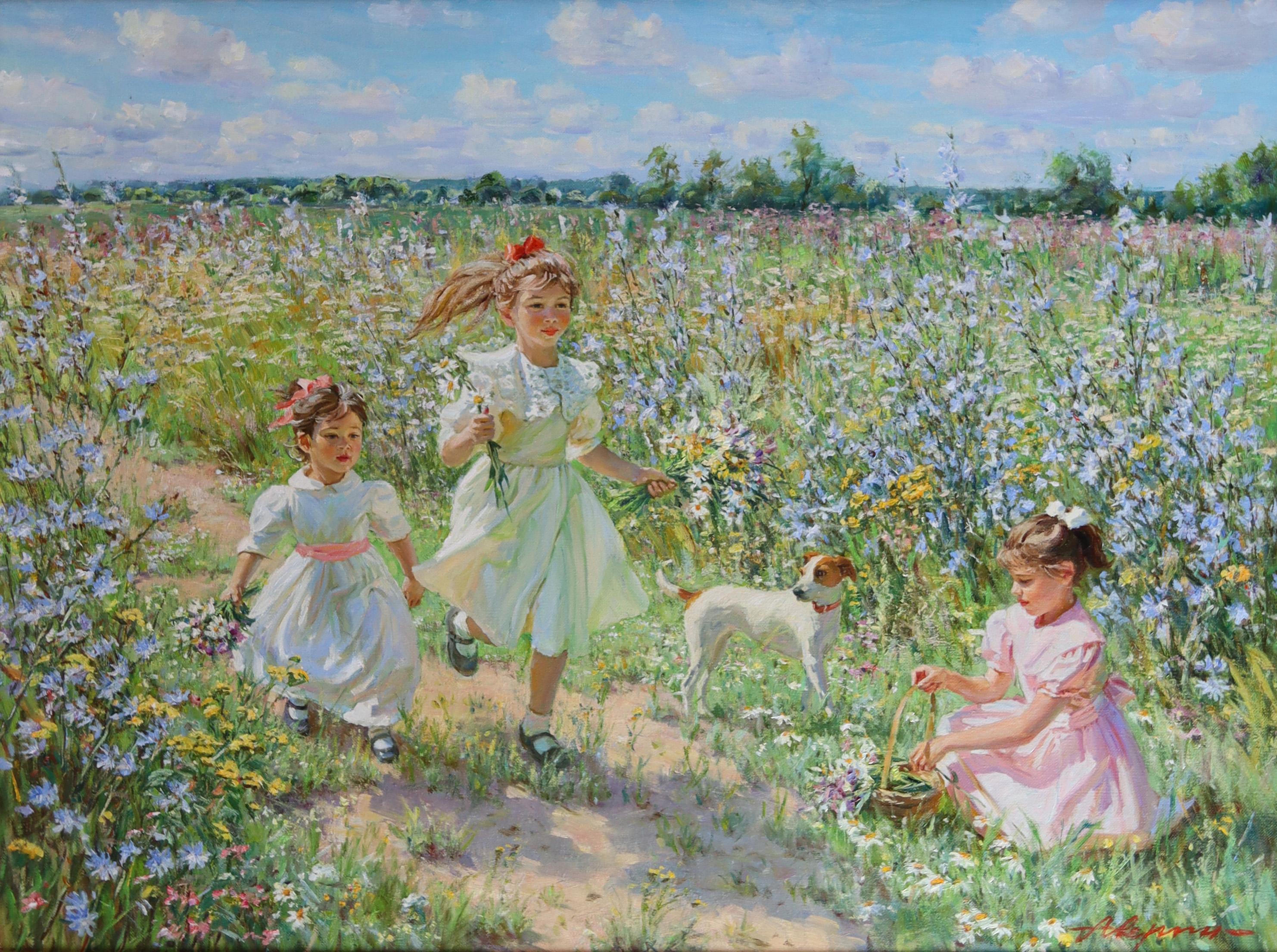 Landscape Painting Alexander Averin - Jeunes filles jouant dans une moisson de fleurs sauvages avec un Jack Russell