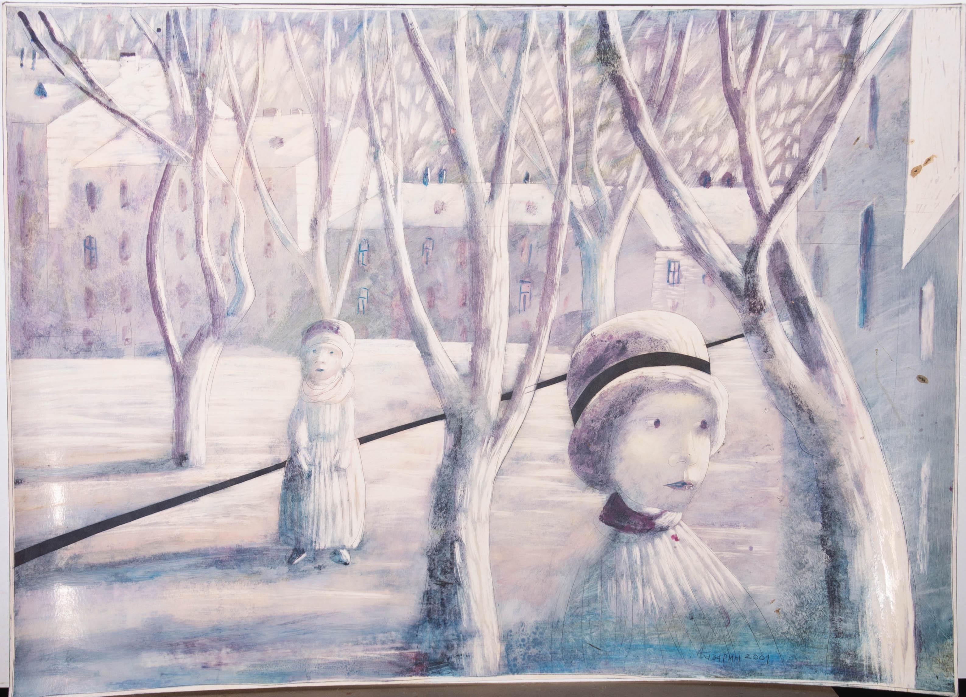 Alexander Bazarin - Russian School 2002 Encaustic Painting, Winter For Sale 1