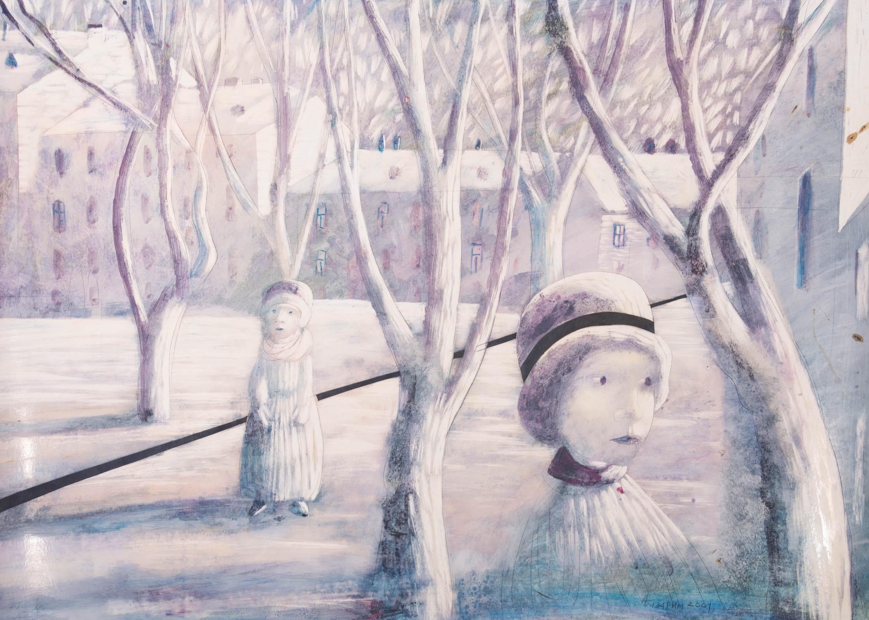 Am ethereal and dream like painting in the using the unusual technique of encaustic painting. The scene shows two lost looking children wandering through the snowy night in a Russian town. The artists has signed (in Russian) and dated to the lower