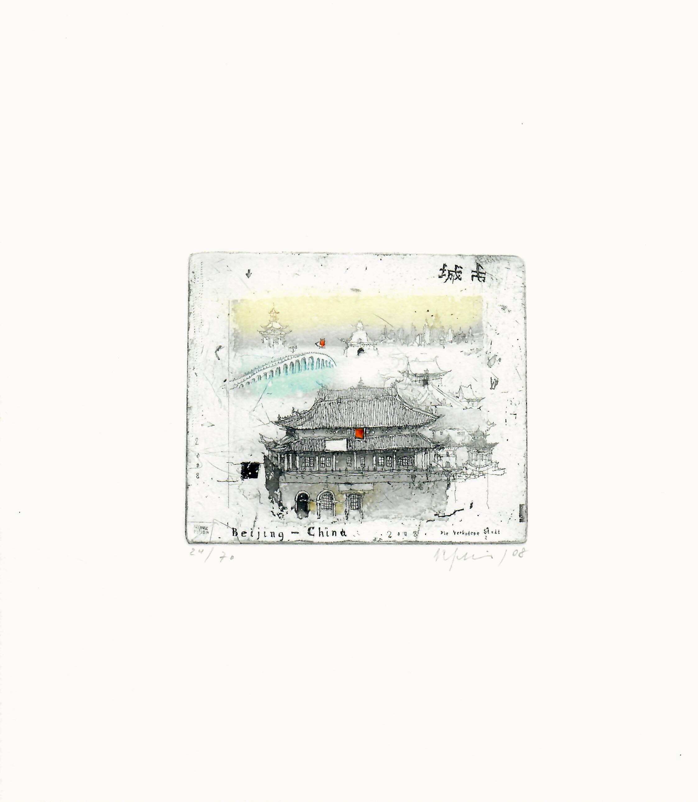 ''China, Forbidden City' by Alexander Befelein- beautiful contemporary limited edition print of the city architecture in Beijing, China. A graphic miniature etching has many layers of details - it's the best choice for small interiors. The print