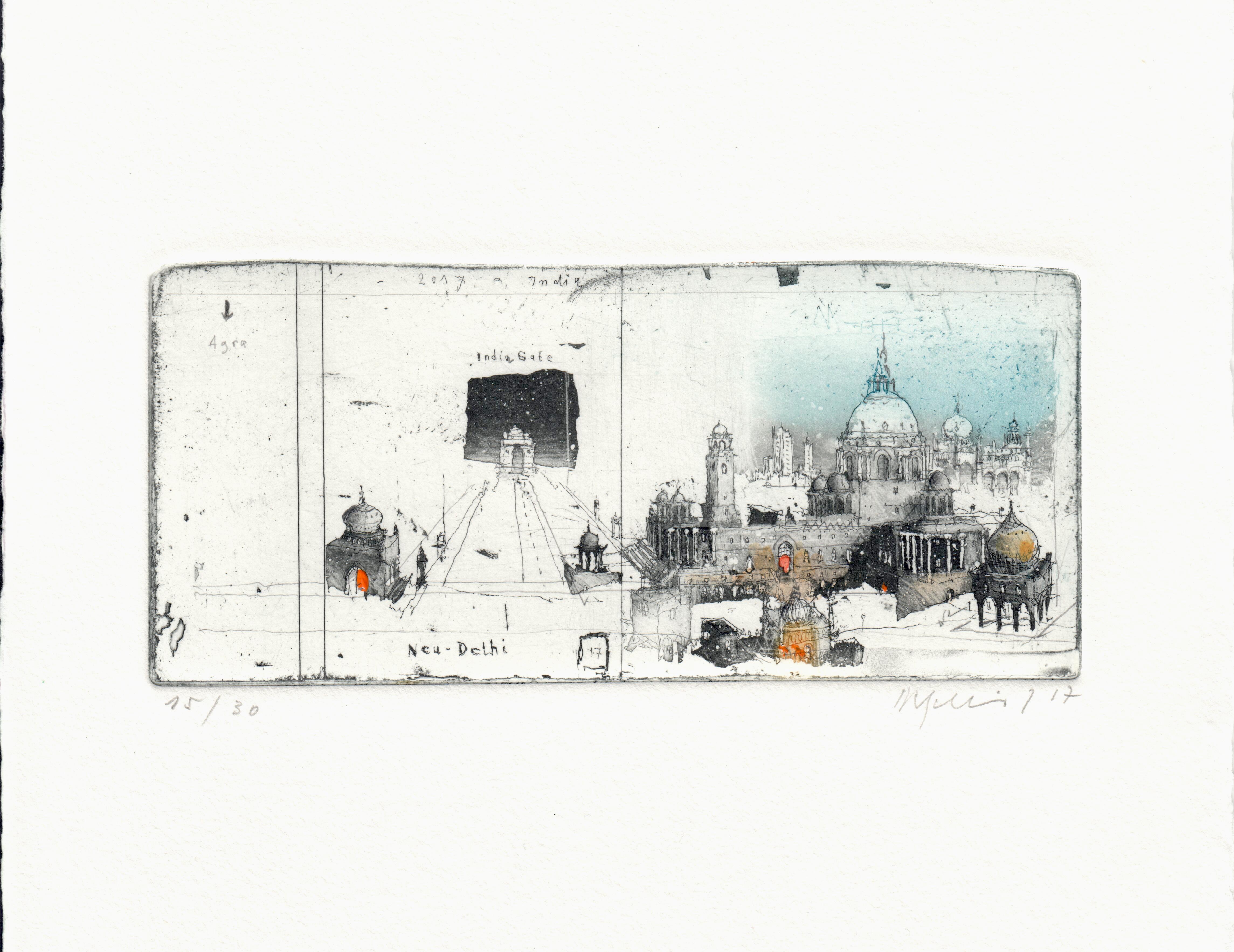 'New Delhi, India' by Alexander Befelein- beautiful contemporary limited edition print of the city architecture in New Delhi, India. A graphic miniature etching has many layers of details - it's the best choice for small interiors. The print looks