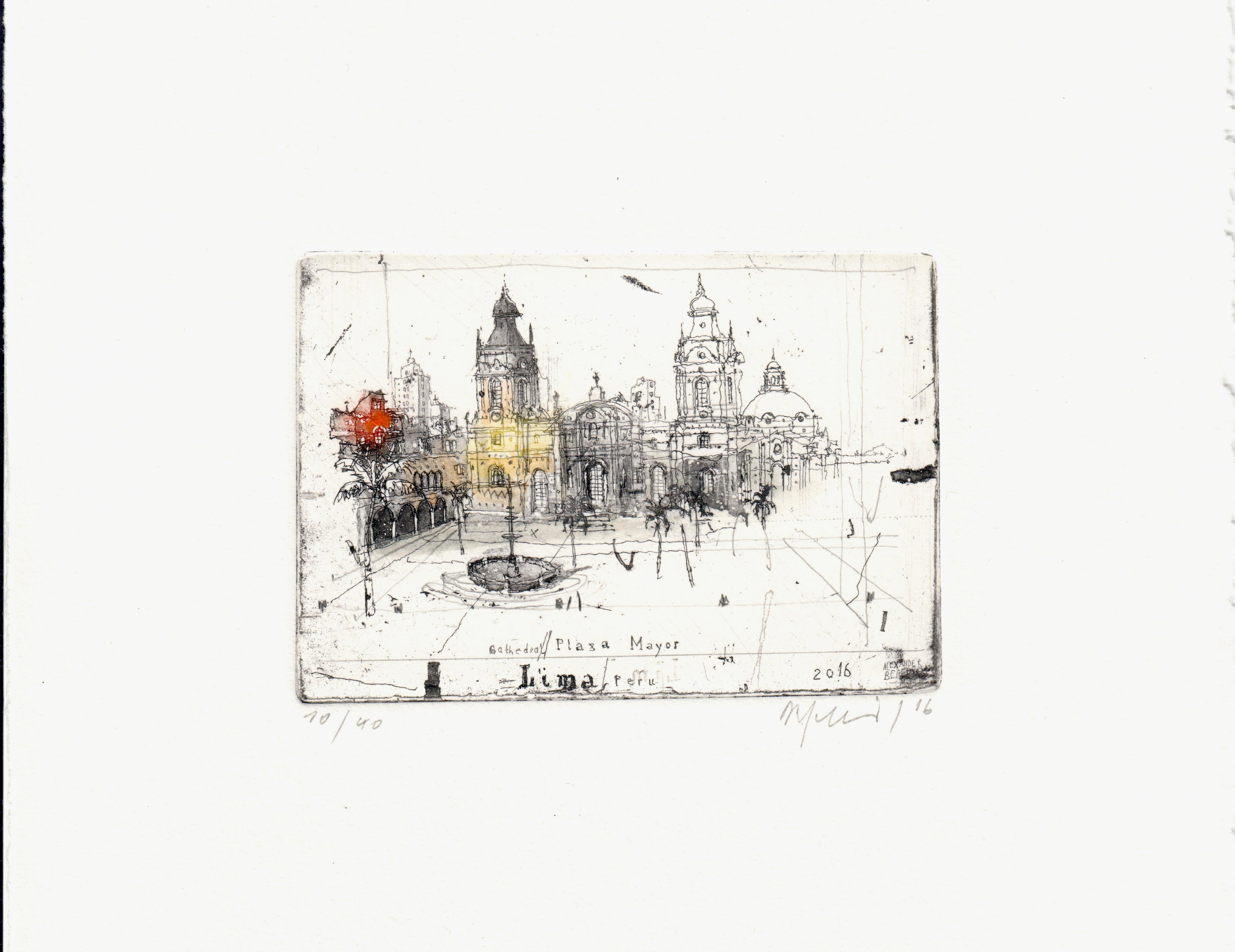 'Peru, Lima I' by Alexander Befelein- beautiful contemporary limited edition print of the city architecture in Lima, Peru. A graphic miniature etching has many layers of details - it's the best choice for small interiors. The print looks like a