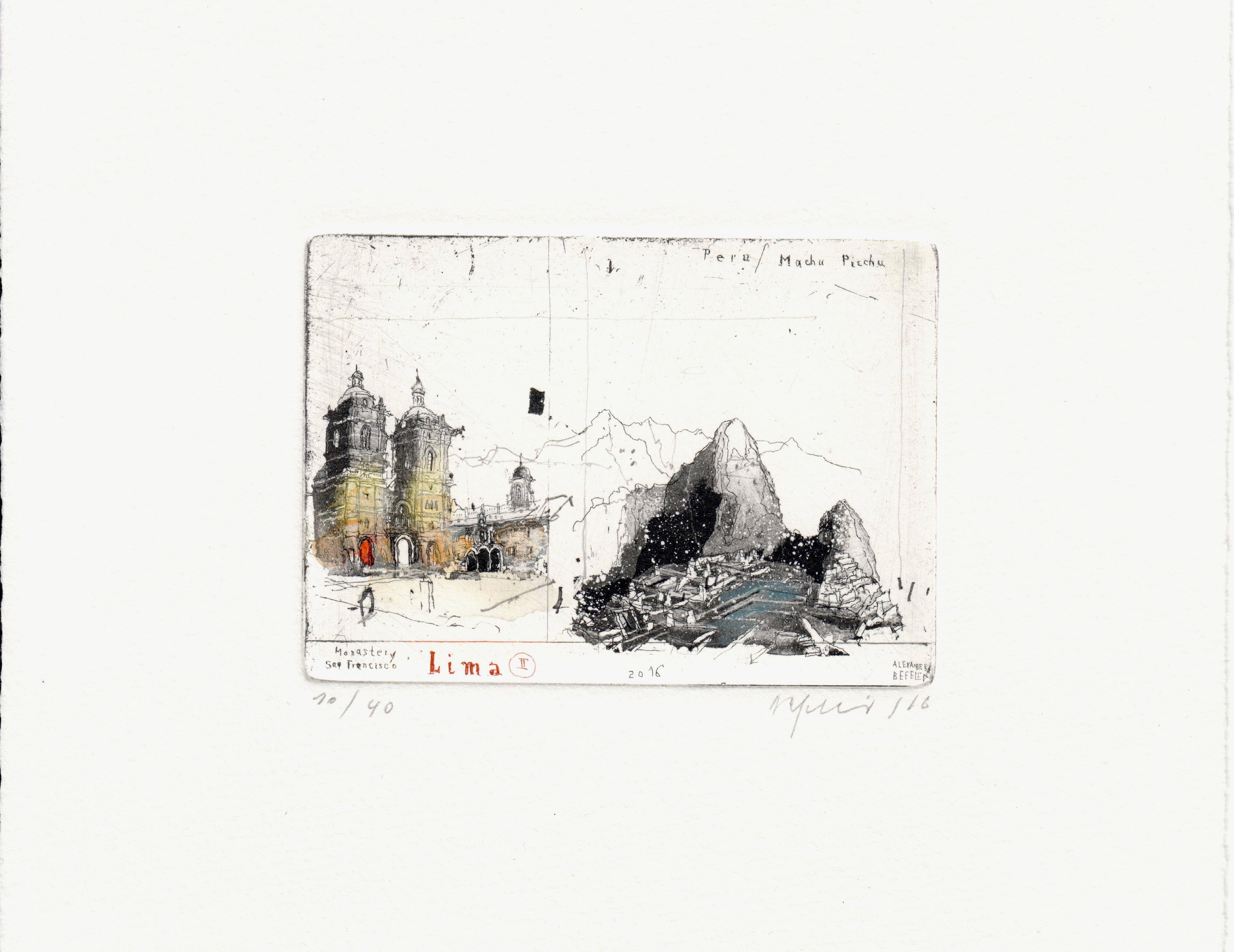 'Peru, Lima II' by Alexander Befelein- beautiful contemporary limited edition print of the city architecture in Lima, Peru. A graphic miniature etching has many layers of details - it's the best choice for small interiors. The print looks like a