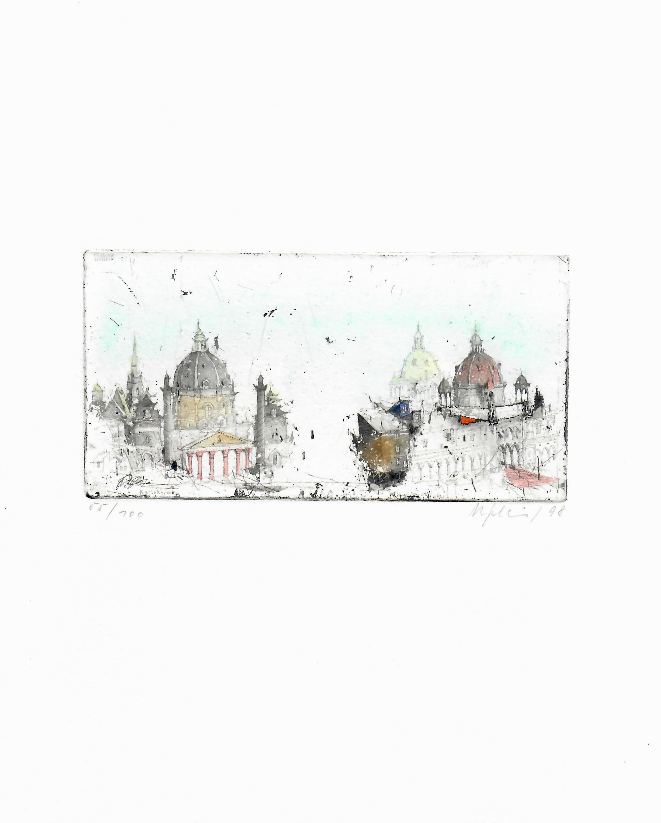 'Wien, Austria' by Alexander Befelein- beautiful contemporary limited edition print of the city architecture in Wien, Austria. A graphic miniature etching has many layers of details - it's the best choice for small interiors. The print looks like a
