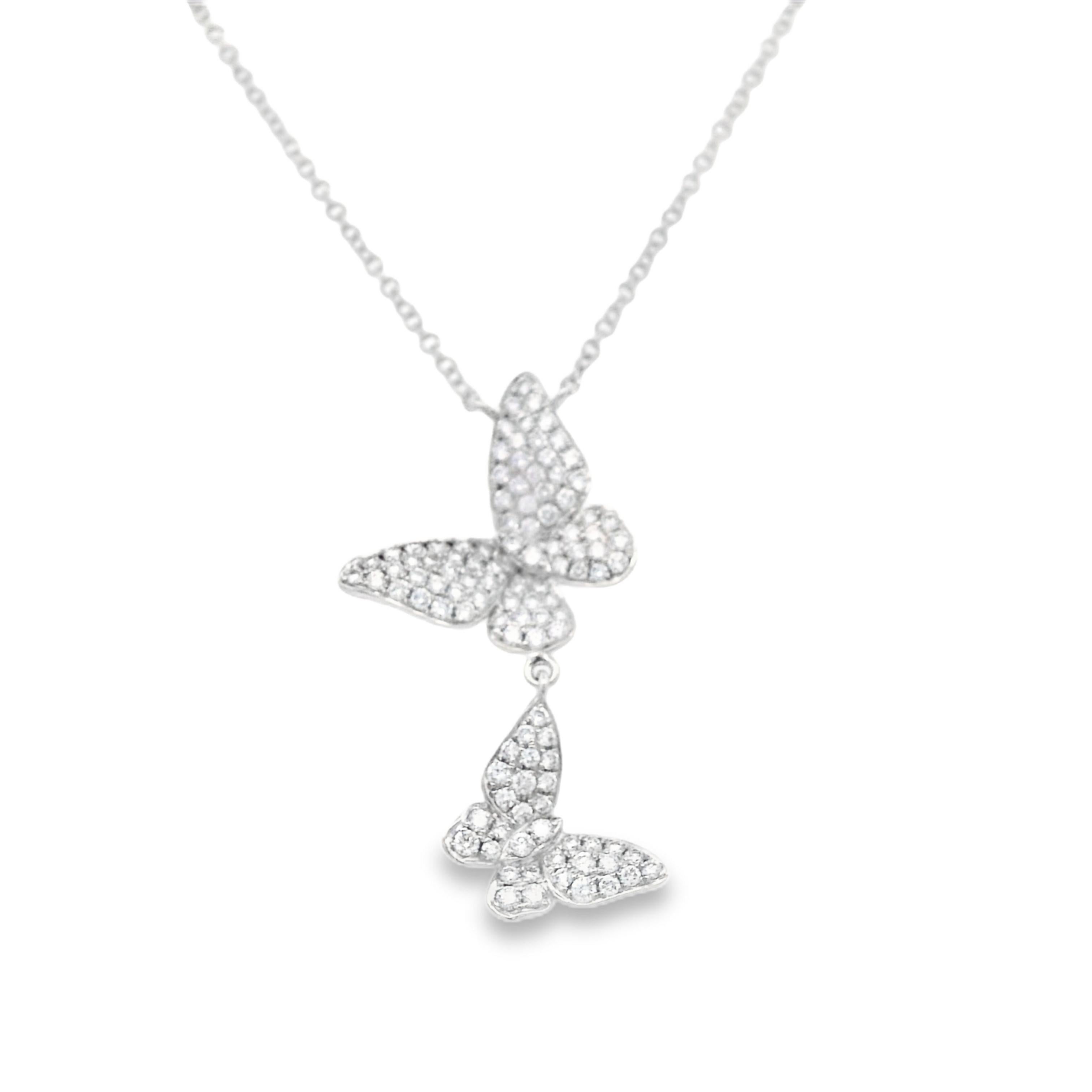 Beautiful petit butterfly pendant necklace, by Alexander Beverly Hills.
110 round diamonds, 0.77 carats total. Approximately F color and VS1 clarity. Prong set in 18k white gold, 5.00 grams, 16-17 inches.
Accommodated with an up-to-date digital