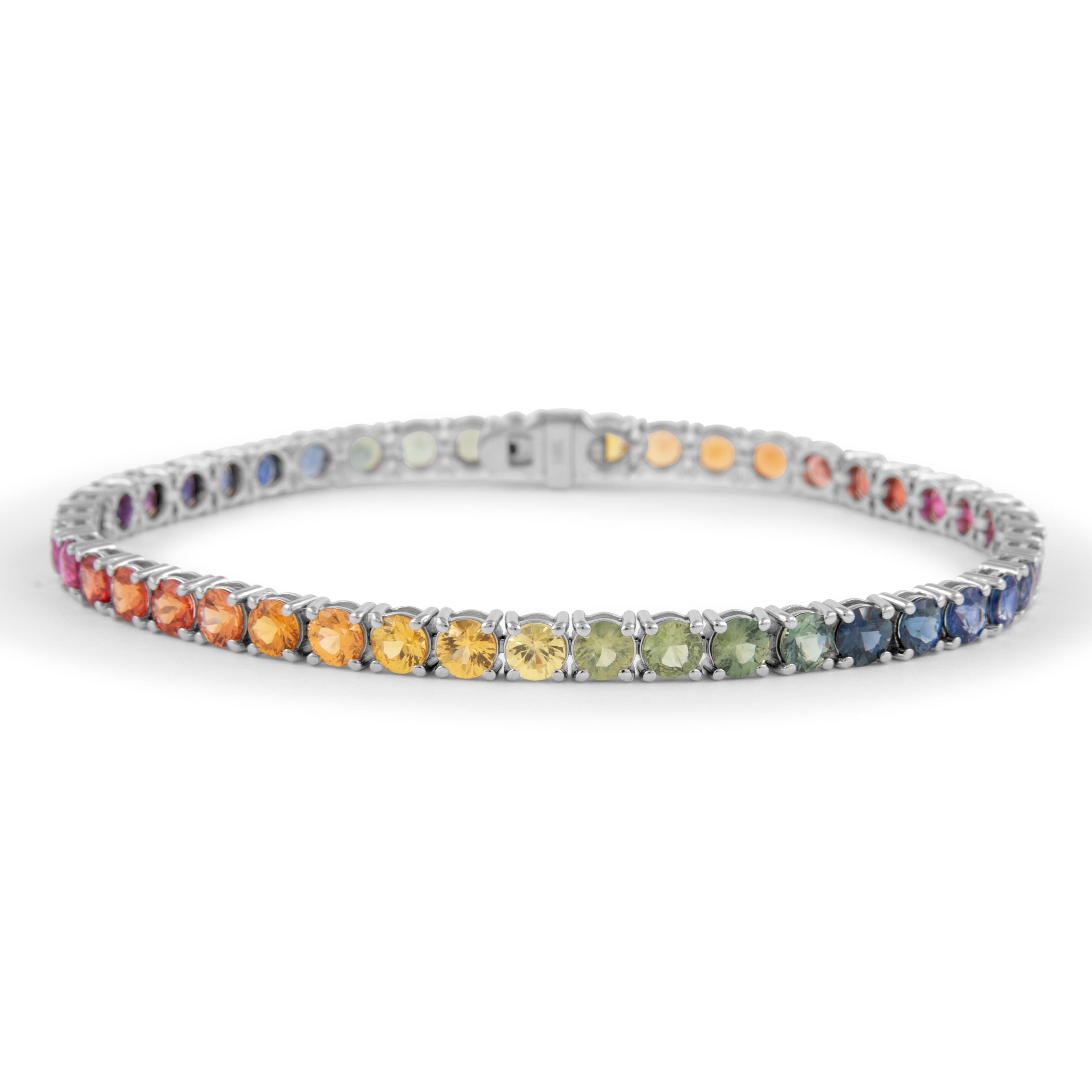 Round Cut Alexander Beverly Hills 10.23ct Rainbow Sapphire Tennis Bracelet 18k White Gold For Sale