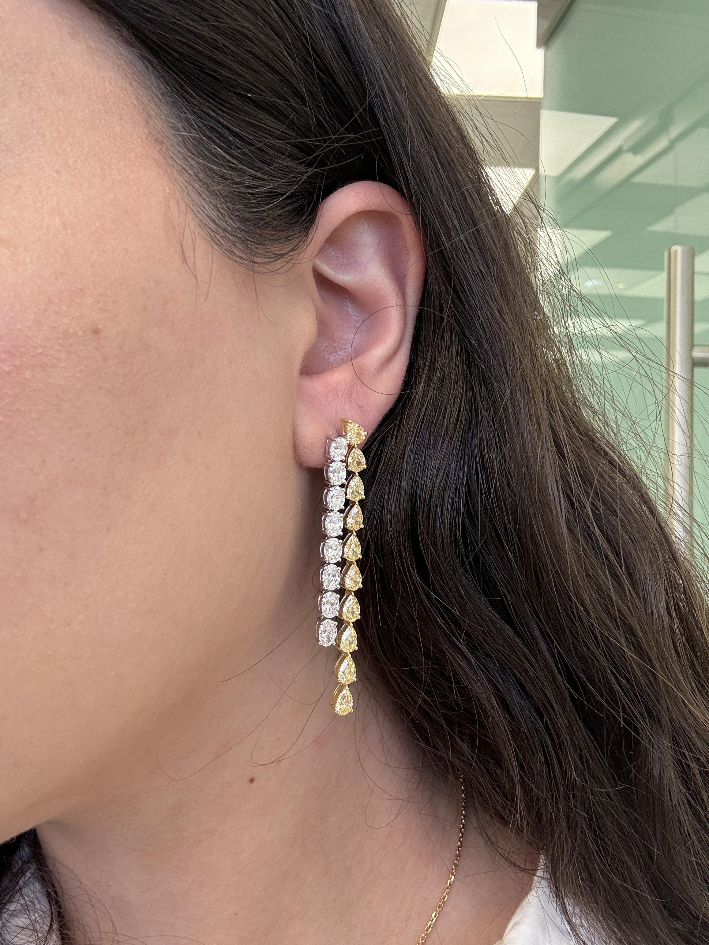 Superbes boucles d'oreilles en forme de poire avec un diamant jaune fantaisie et un diamant ovale. Haute joaillerie par Alexander Beverly Hills. 
Poids total des diamants : 11,44 carats. 
*Les diamants jaunes fantaisie ont l'air fantaisie intense