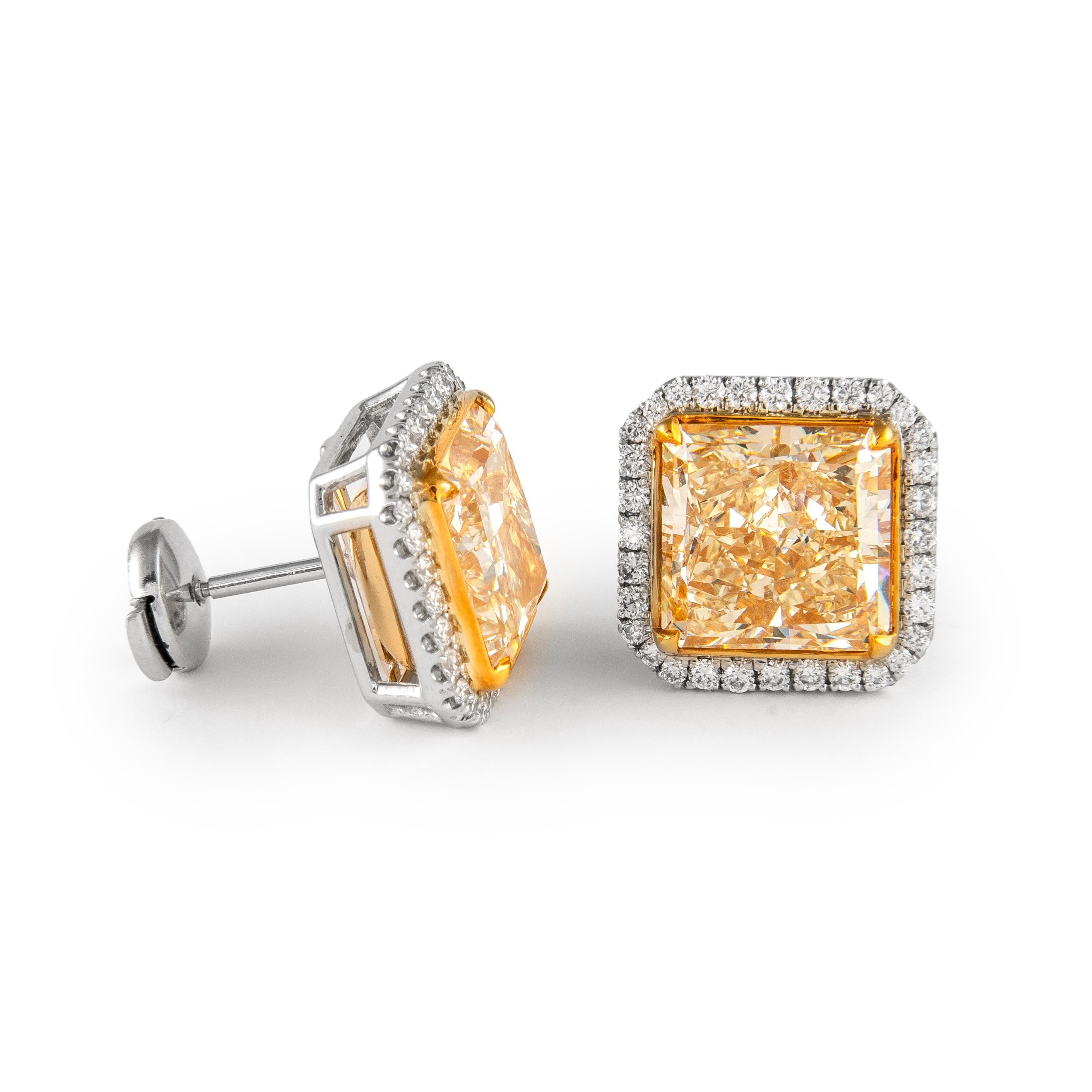 Contemporary Alexander Beverly Hills 12.84ct Fancy Yellow Diamond Stud Earrings with Halo 18k For Sale