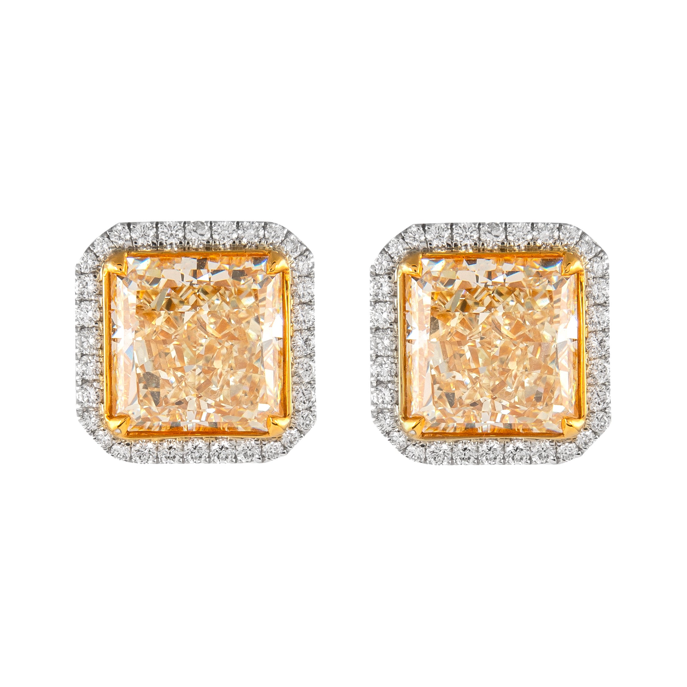Alexander Beverly Hills 12.84ct Fancy Yellow Diamond Stud Earrings with Halo 18k For Sale