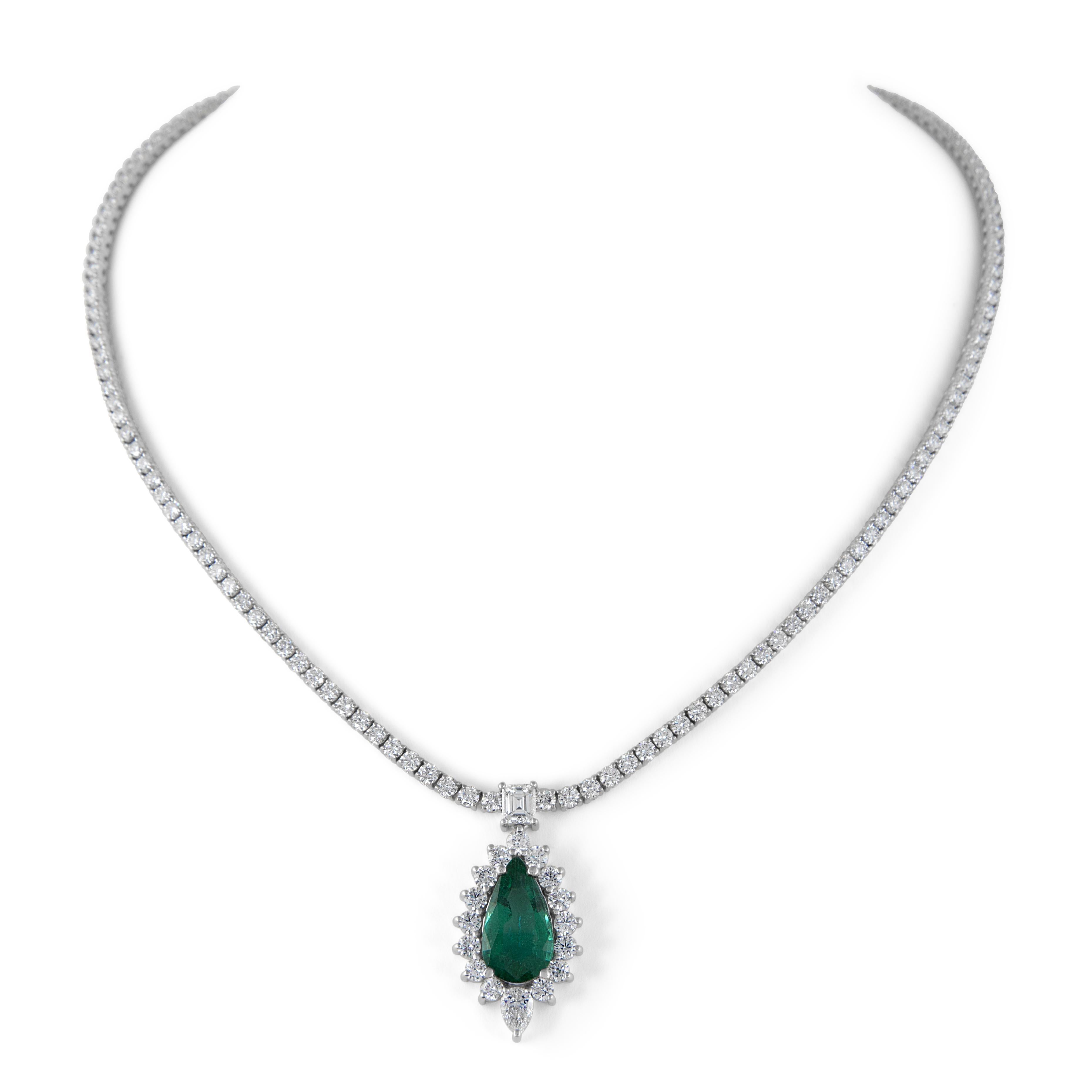 Pear Cut Alexander Beverly Hills 13.38ctt Emerald & Diamond Pendant Tennis Necklace For Sale