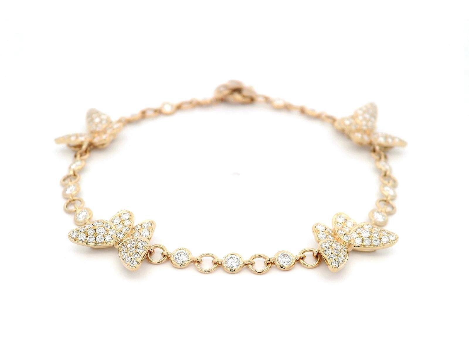 Round Cut Alexander Beverly Hills 1.63ct Diamond Butterfly Bracelet 18k Yellow Gold For Sale
