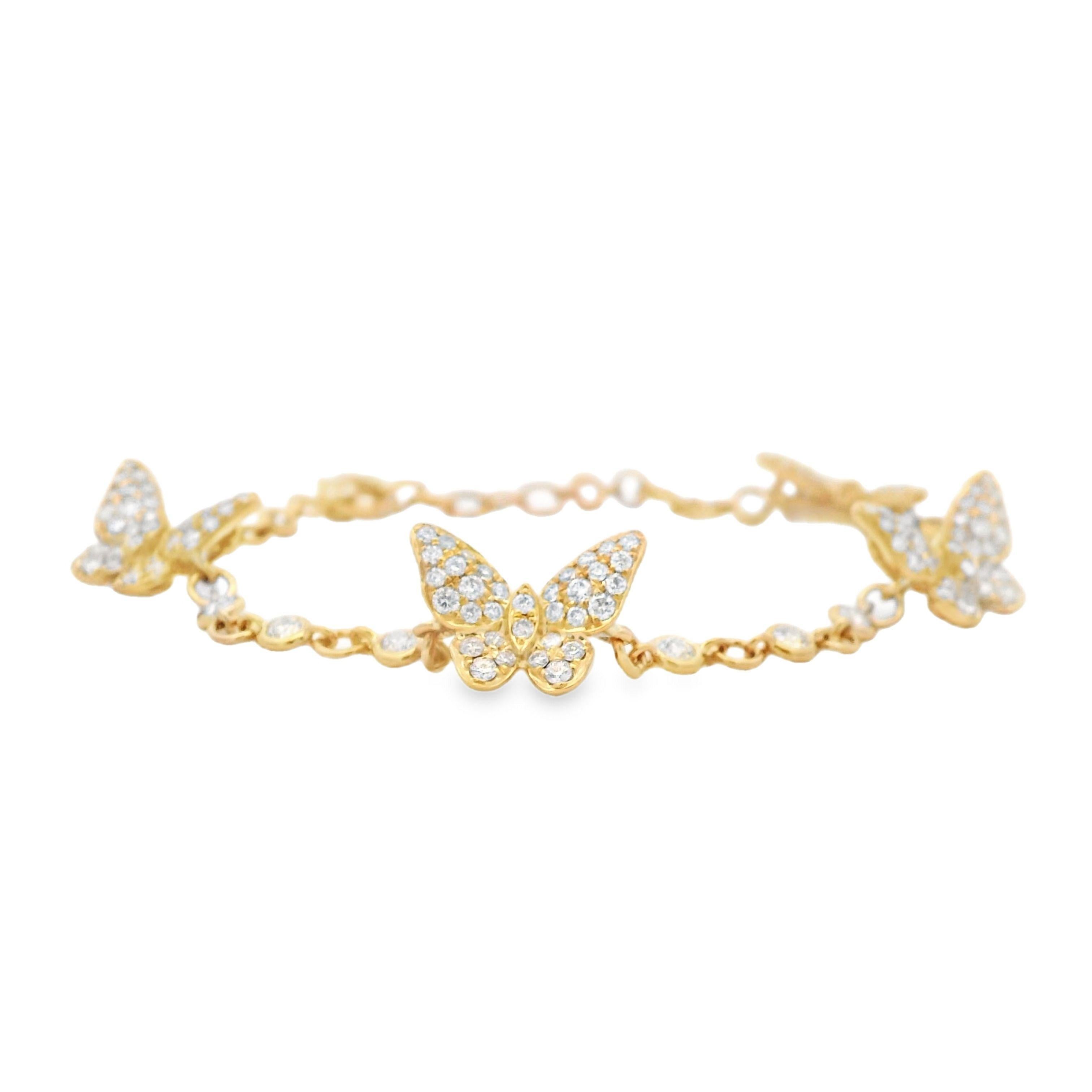 Round Cut Alexander Beverly Hills 1.65ct Diamond Butterfly Bracelet 18k Yellow Gold For Sale